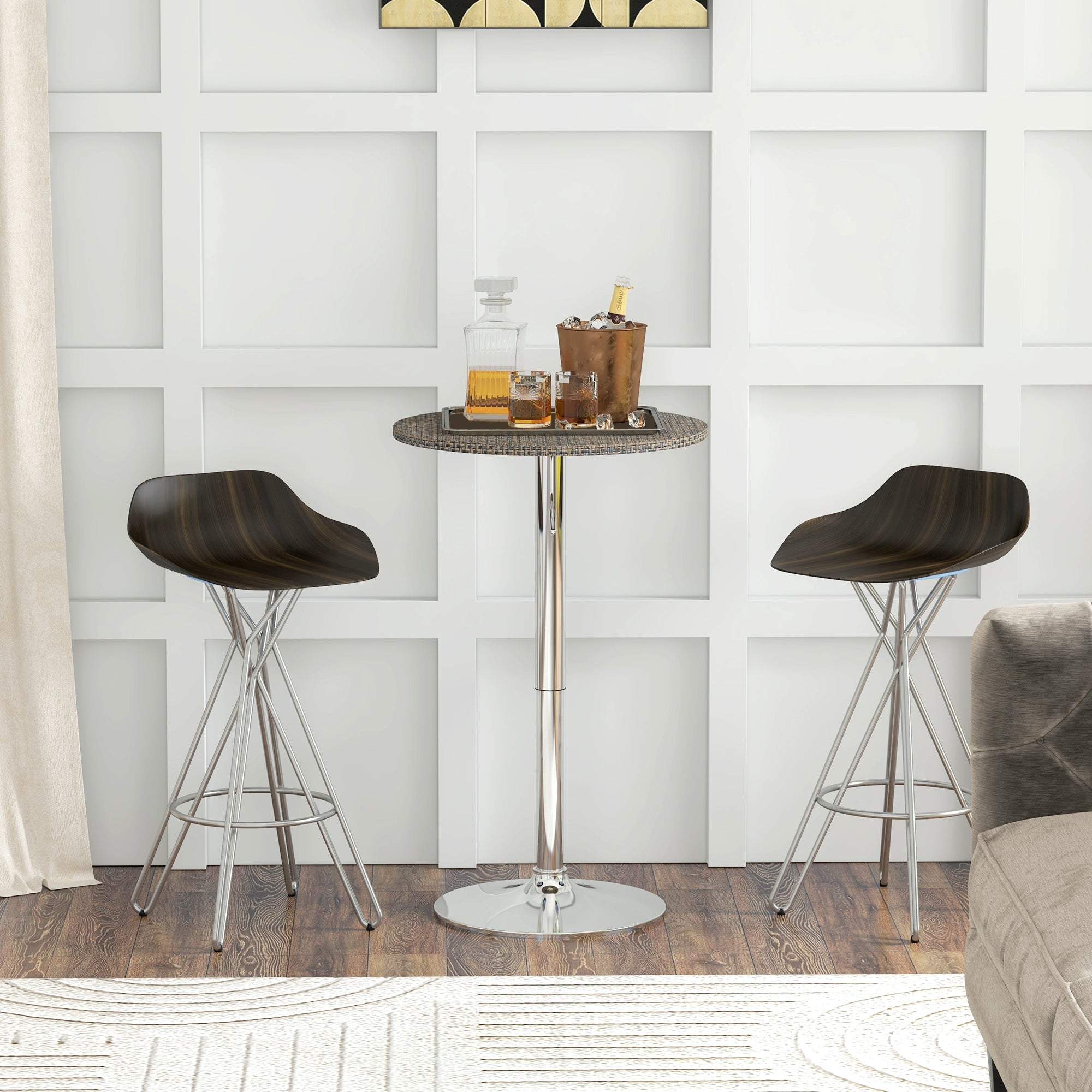 HOMCOM Adjustable Bar Table for 2, Round Pub Table with PE Rattan Top and Steel Base for Home Bar, Small Dining Room, Brown 