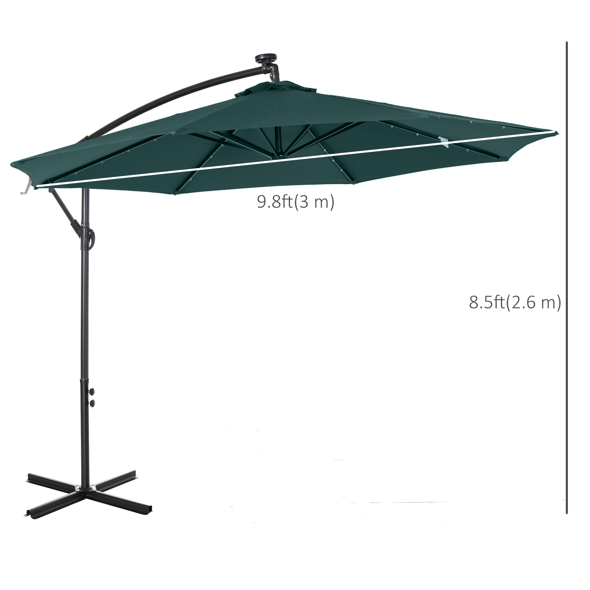 Outsunny 10ft Solar LED Cantilever Umbrella: Outdoor Banana Parasol with Lights & Adjustable Angle for Backyard, Dark Green 