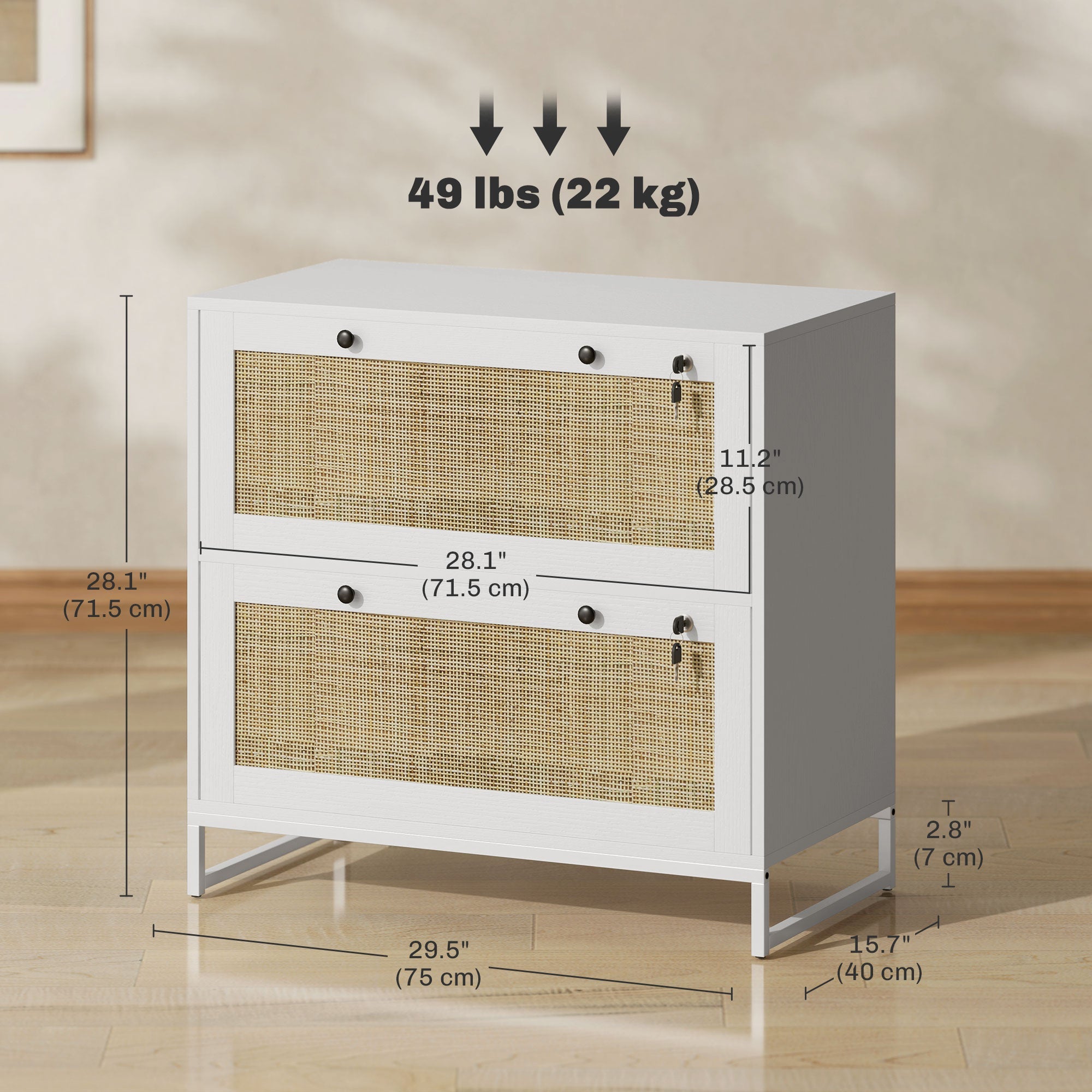 Vinsetto 2-Drawer Filing Cabinet with Lock, Rattan File Cabinet with Adjustable Hanging Bar, White 