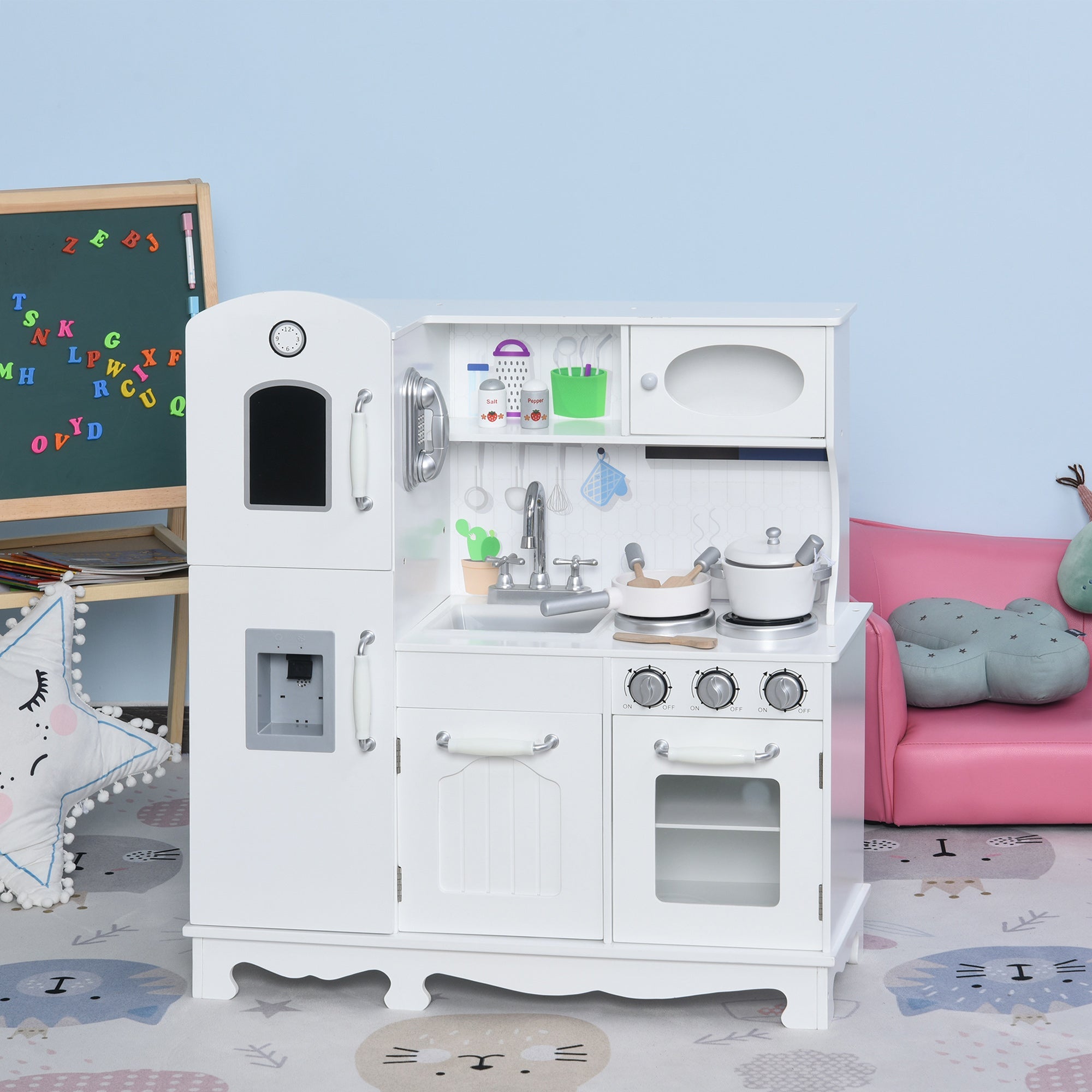 Qaba Large Kids Kitchen Playset With Telephone, Water Dispenser Simulation Cooking Set 