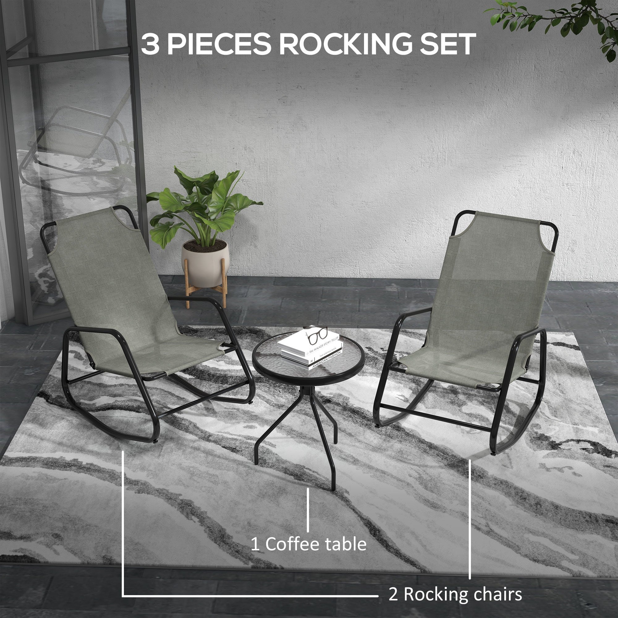 Outsunny Patio Rocking Chairs Set of 2, 3 Pieces Patio Bistro Set with Metal Frmae, Breathable Mesh Fabric Seat for Garden, Deck, Grey 