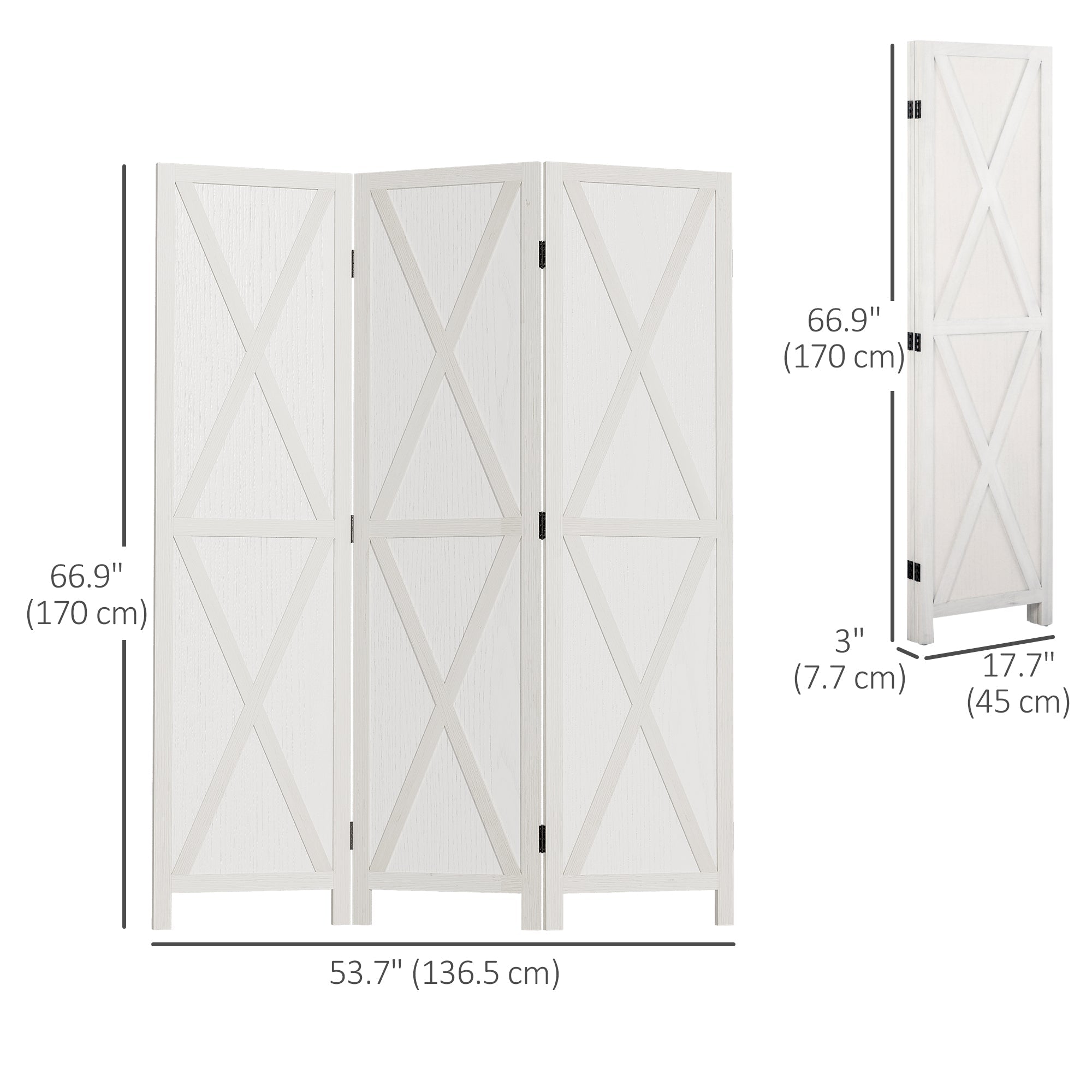 HOMCOM 3-panel Wall Partition Farmhouse Room Separator with Foldable Design Wooden Frame 5.6FT, White 