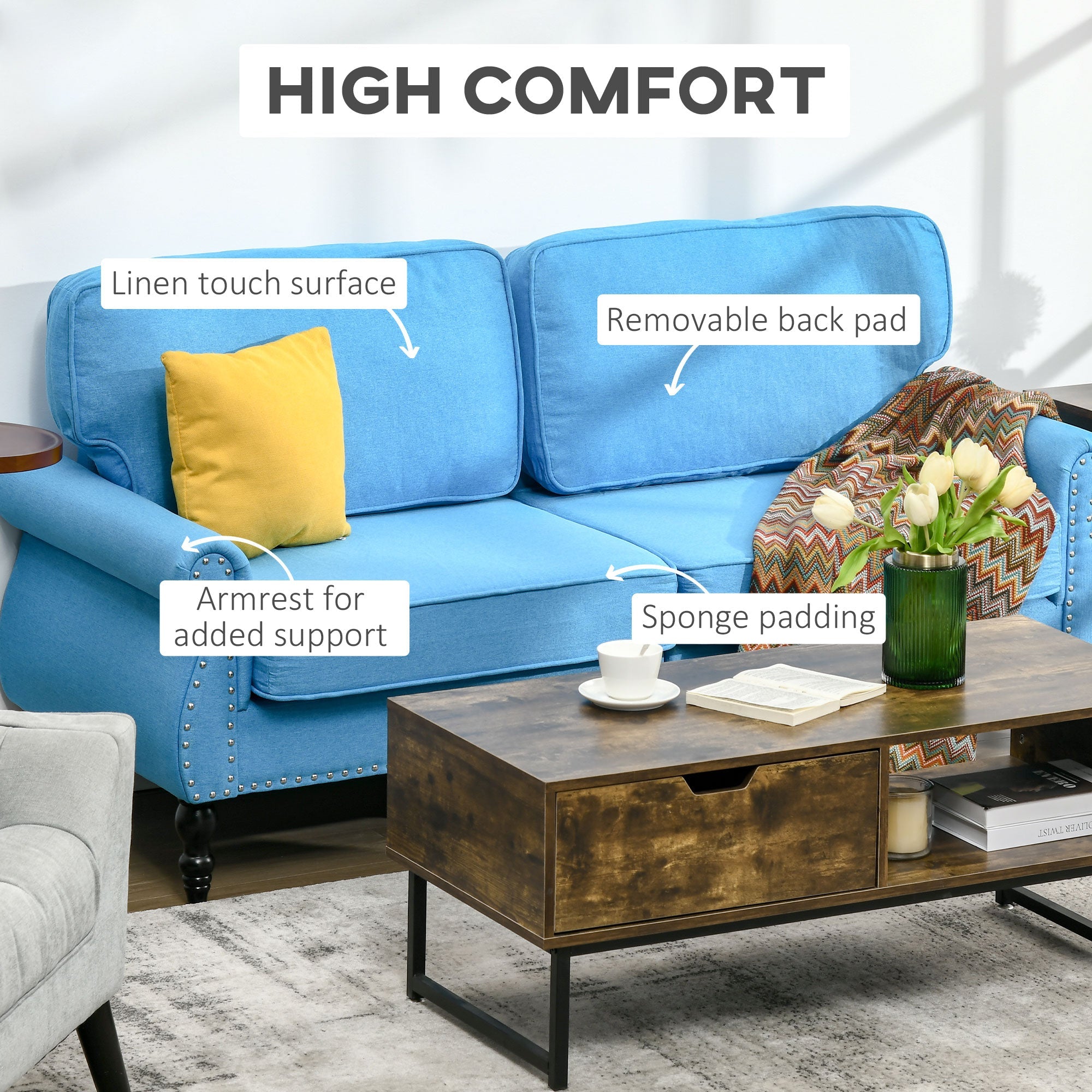 HOMCOM Traditional Style Double Sofa with Sponge Padding and Rubber Wood Leg, 2 Seater Nail Head Accent Loveseat, Light Blue 