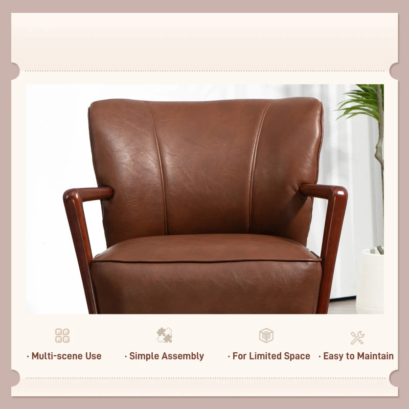 Accent Chair, Modern Armchair, Faux Leather Upholstered Living Room Chair with Wood Legs and Wide Padded Seat, Brown