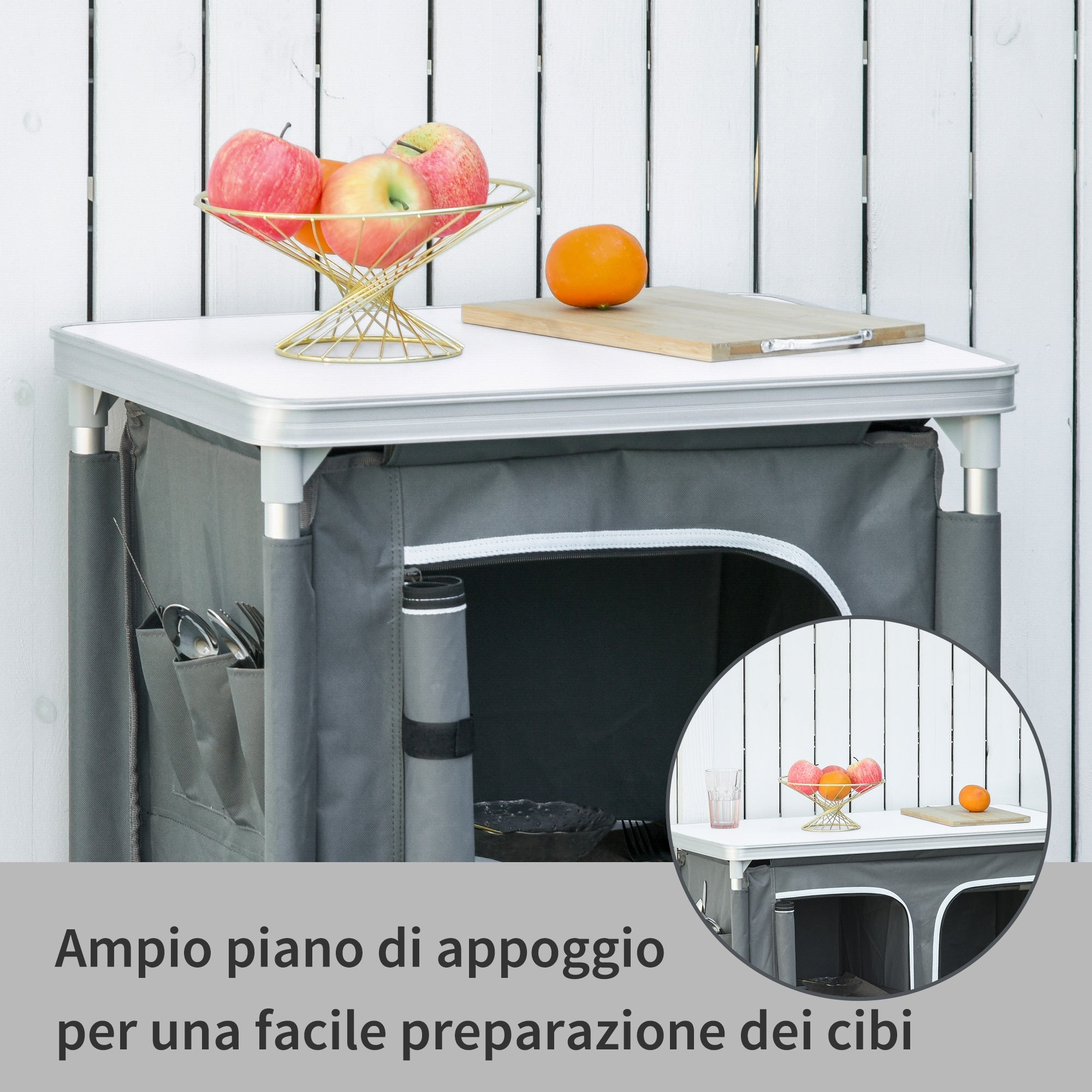 Outsunny Camping Kitchen Station, Aluminum Camping Table Cook Cupboard with 2-Shelf and Carrying Bag for BBQ Party Picnics, Grey 