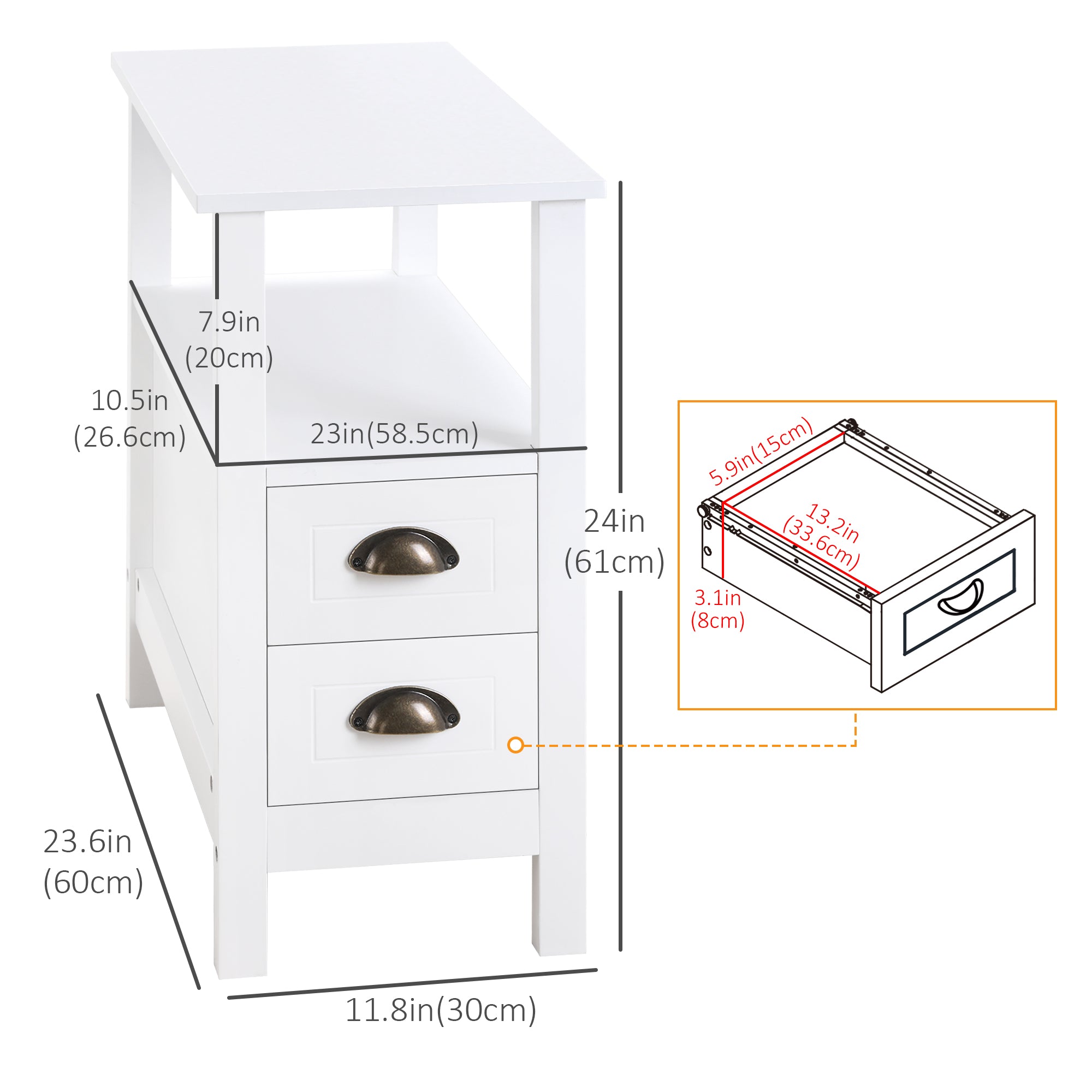 HOMCOM Slim End Table: White with 2 Drawers & Storage Shelf for Compact Living Room & Bedroom Spaces 