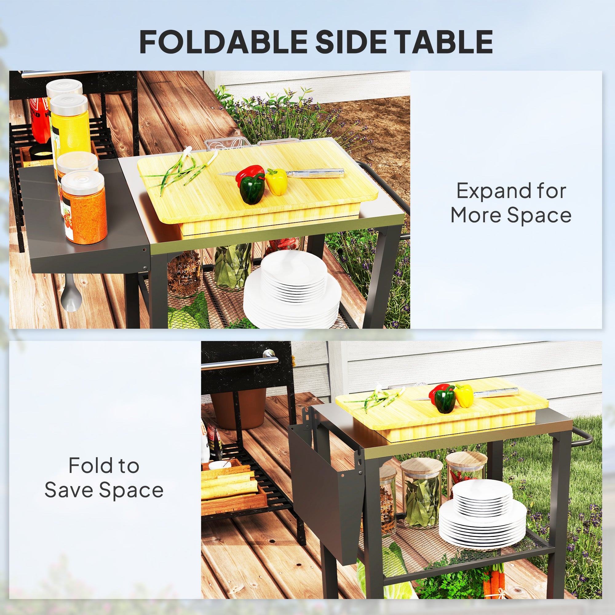Outsunny Outdoor Grill Cart w/ Foldable Side Table, 3-Tier Pizza Oven Stand w/ Stainless Steel Tabletop, Hooks, Wheels 