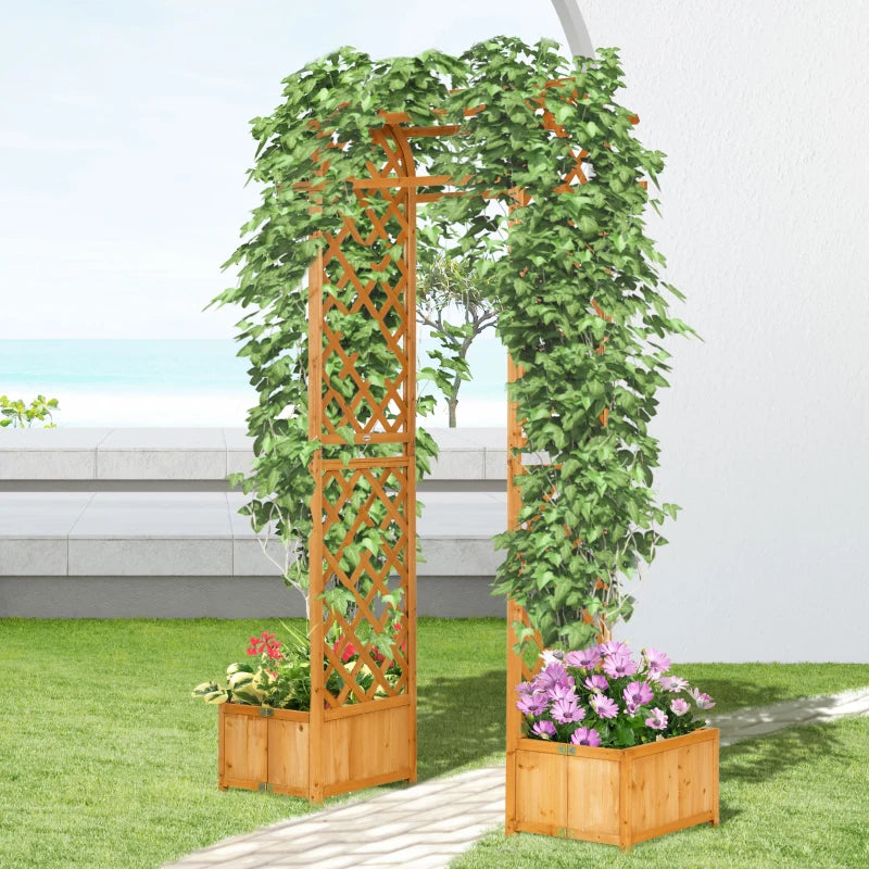 7.7FT Garden Arch with 2 Foldable Planter Boxes, Outdoor Wooden Trellis Arbor for Ceremony Party Weddings, Brown