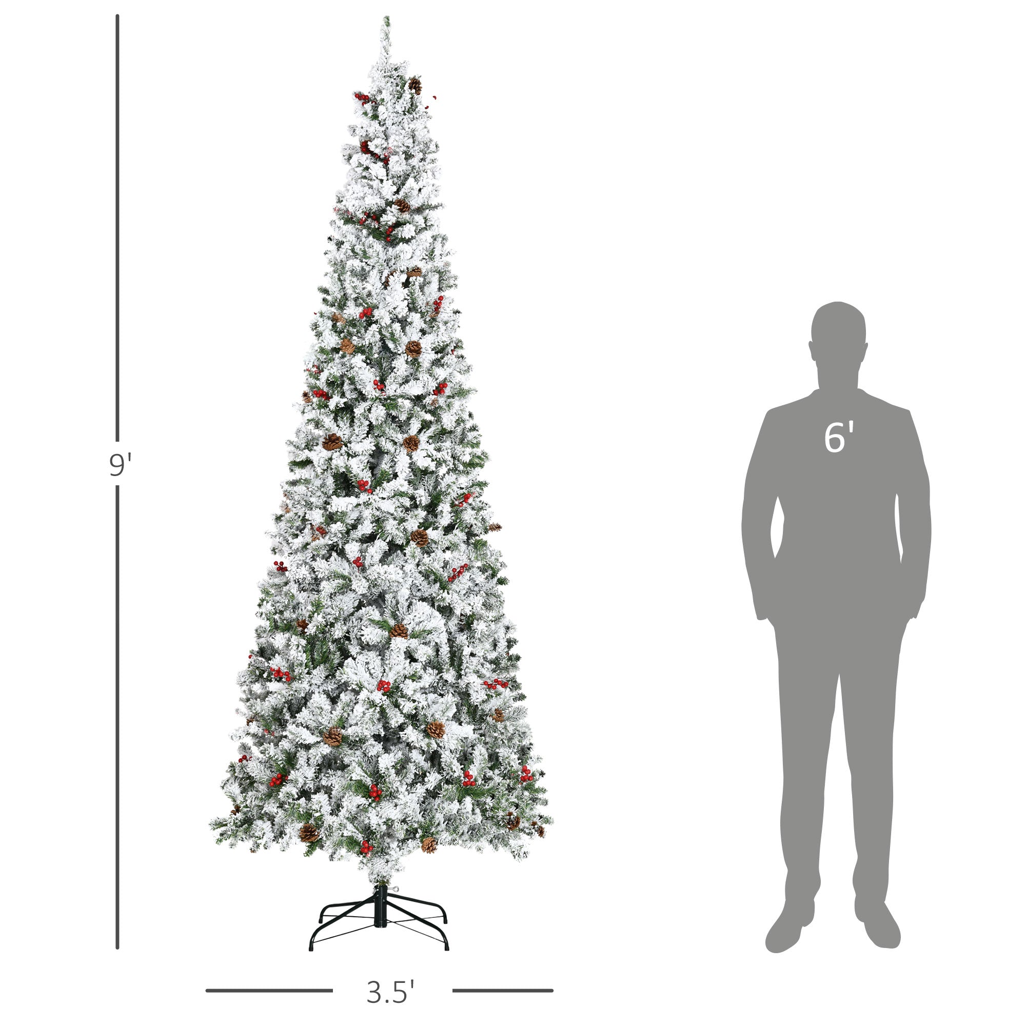 HOMCOM 9 Foot Pencil Snow Flocked Artificial Christmas Tree with 1350 Pine Realistic Branches, Pine Cones, Red Berries, Auto Open 
