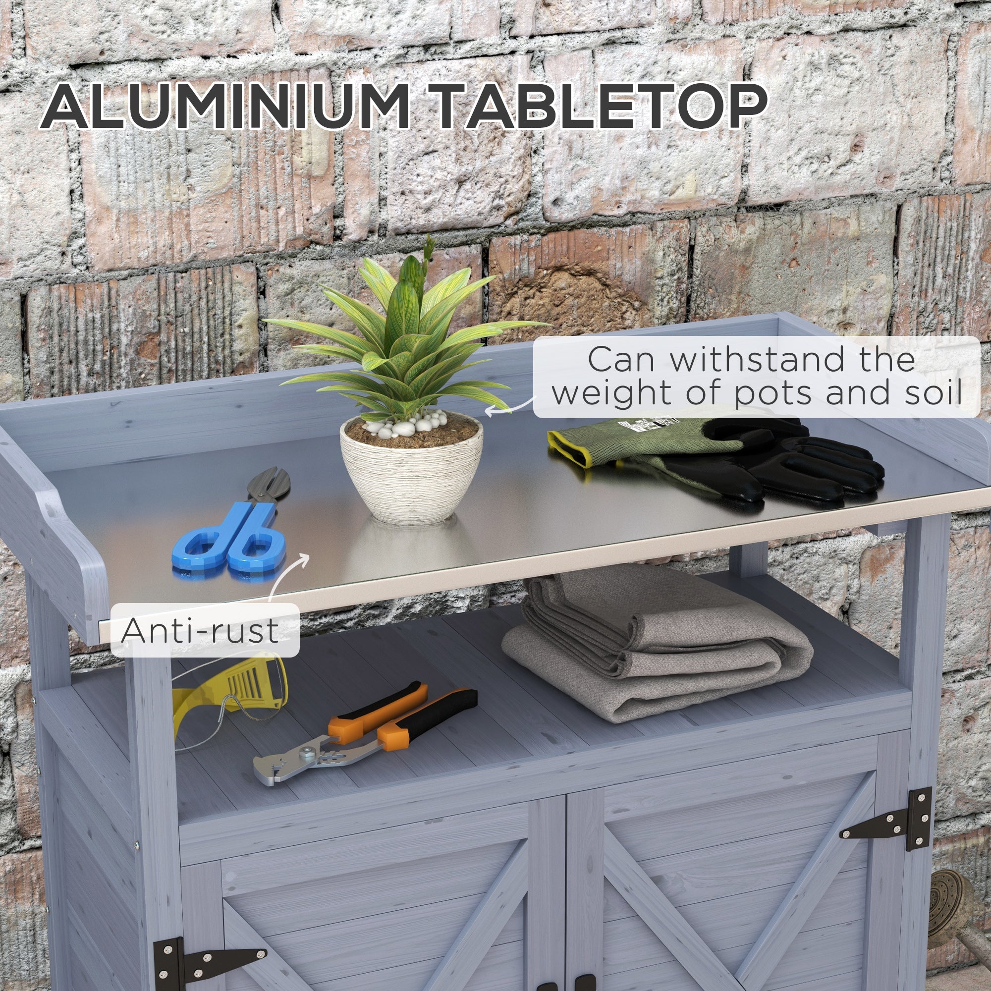 Outsunny Outdoor Wooden Potting Bench with Storage Cabinet, Aluminum Tabletop, Rubber Wheels for Backyard, Patio, Balcony, Grey 