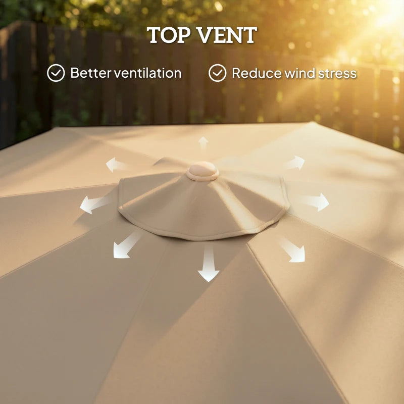 9 ft Patio Umbrella with Push Button Tilt and Crank, Fringed Outdoor Market Table Umbrella Parasol, Khaki