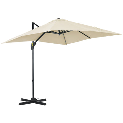 Outsunny Square Patio Hanging Offset Umbrella 8' x 8' Aluminum Cantilever Crank Market Parasol 360° Rotation Cross Base Cream White 
