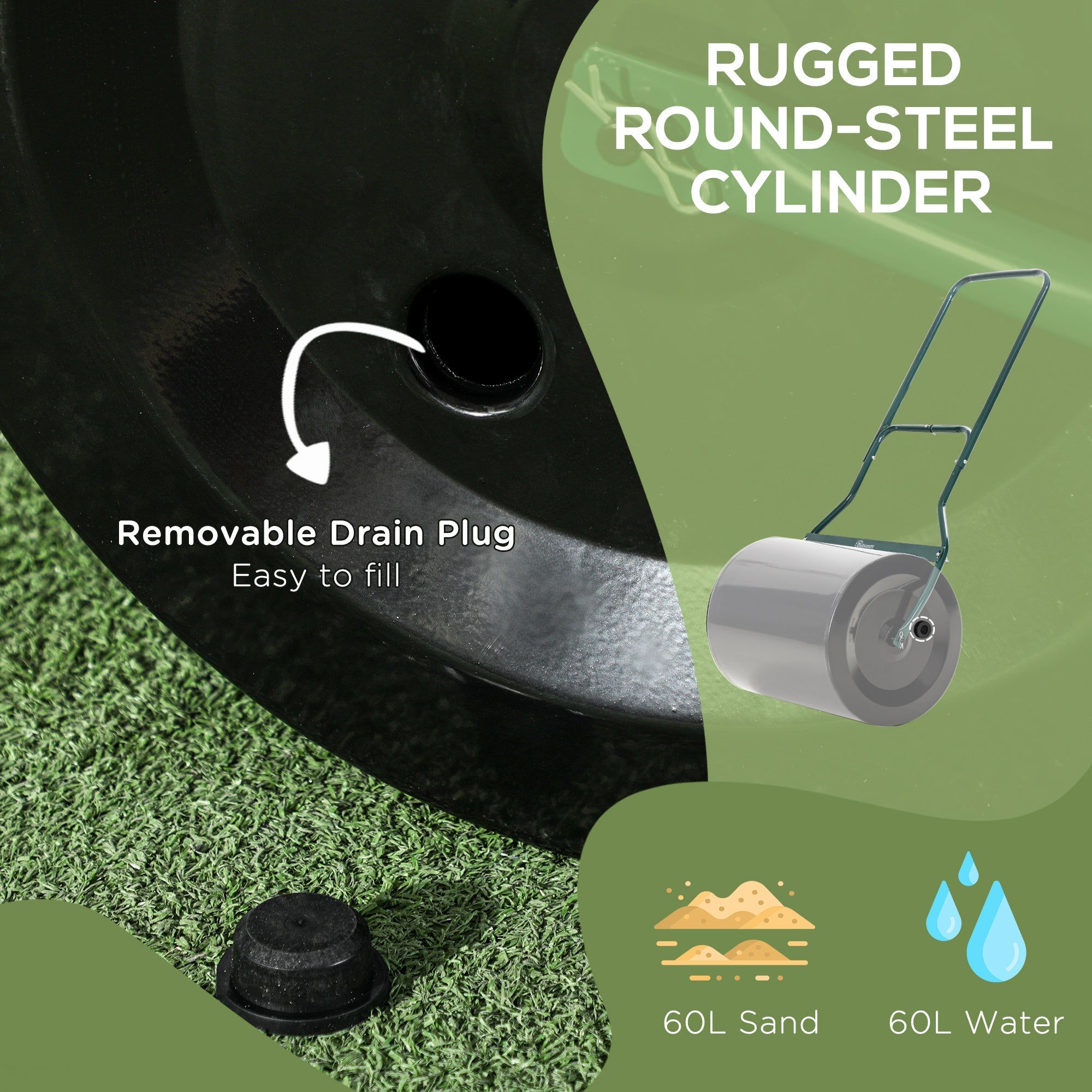 Outsunny Lawn Roller Push Tow Water Sand Filled 60L Equipment Manual Push Rolling Drum 