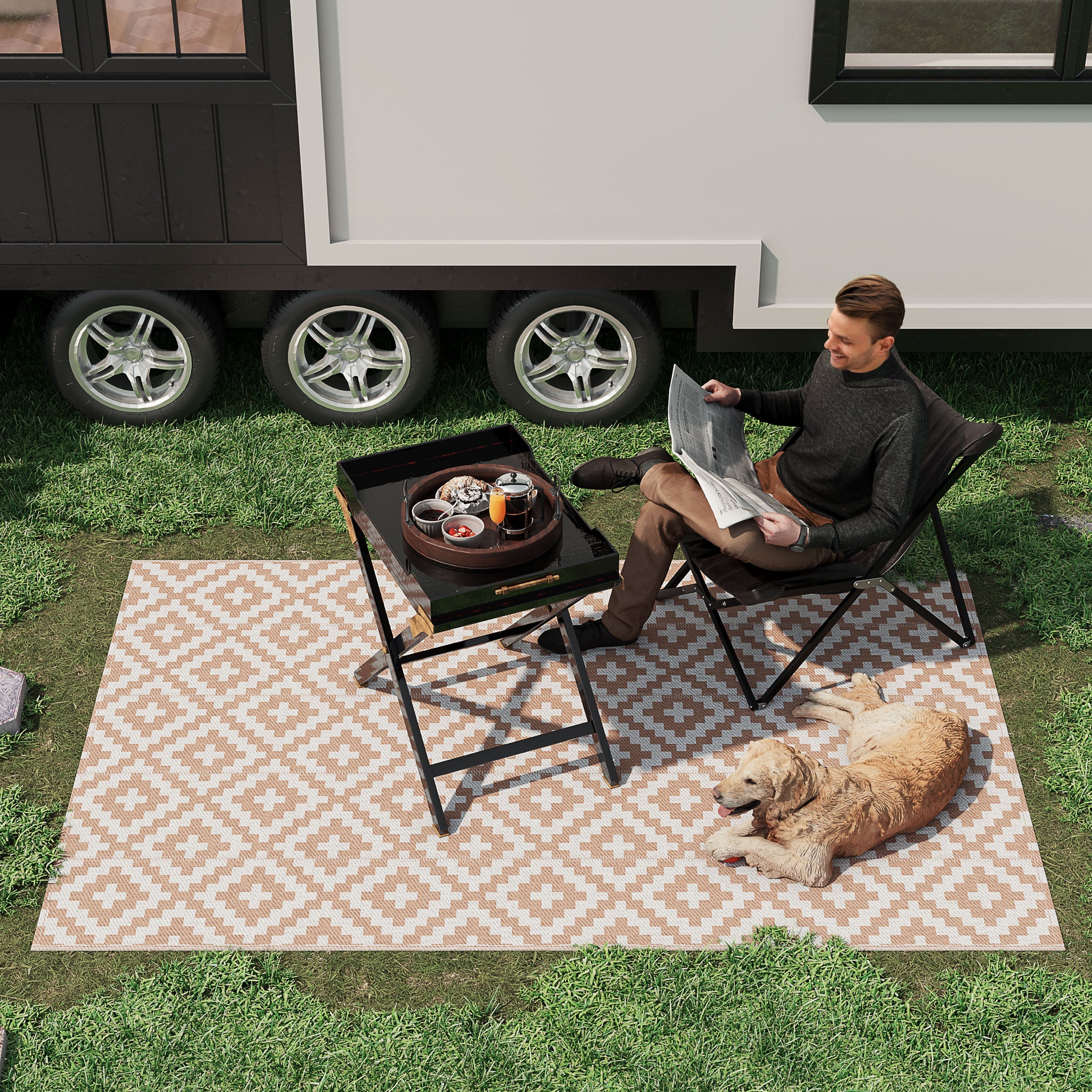 Outsunny Reversible Outdoor RV Rug, Patio Floor Mat, 6' x 9' Plastic Straw Rug for Backyard, Deck, Beach, Camping, Coffee & White 
