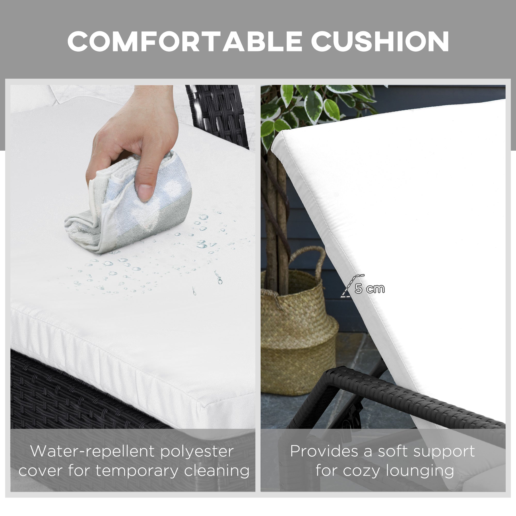 Outsunny 3 Pieces Patio Rattan Lounge Set Wheeled Wicker Chaise Lounge Chair Set Reclining Lounger Adjustable Black Cream White 