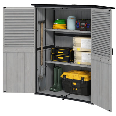 Outsunny Outdoor Storage Cabinet, Wood Garden Shed with Steel Frame, Asphalt Roof, 2 Shelves and Lockable Doors, Grey 