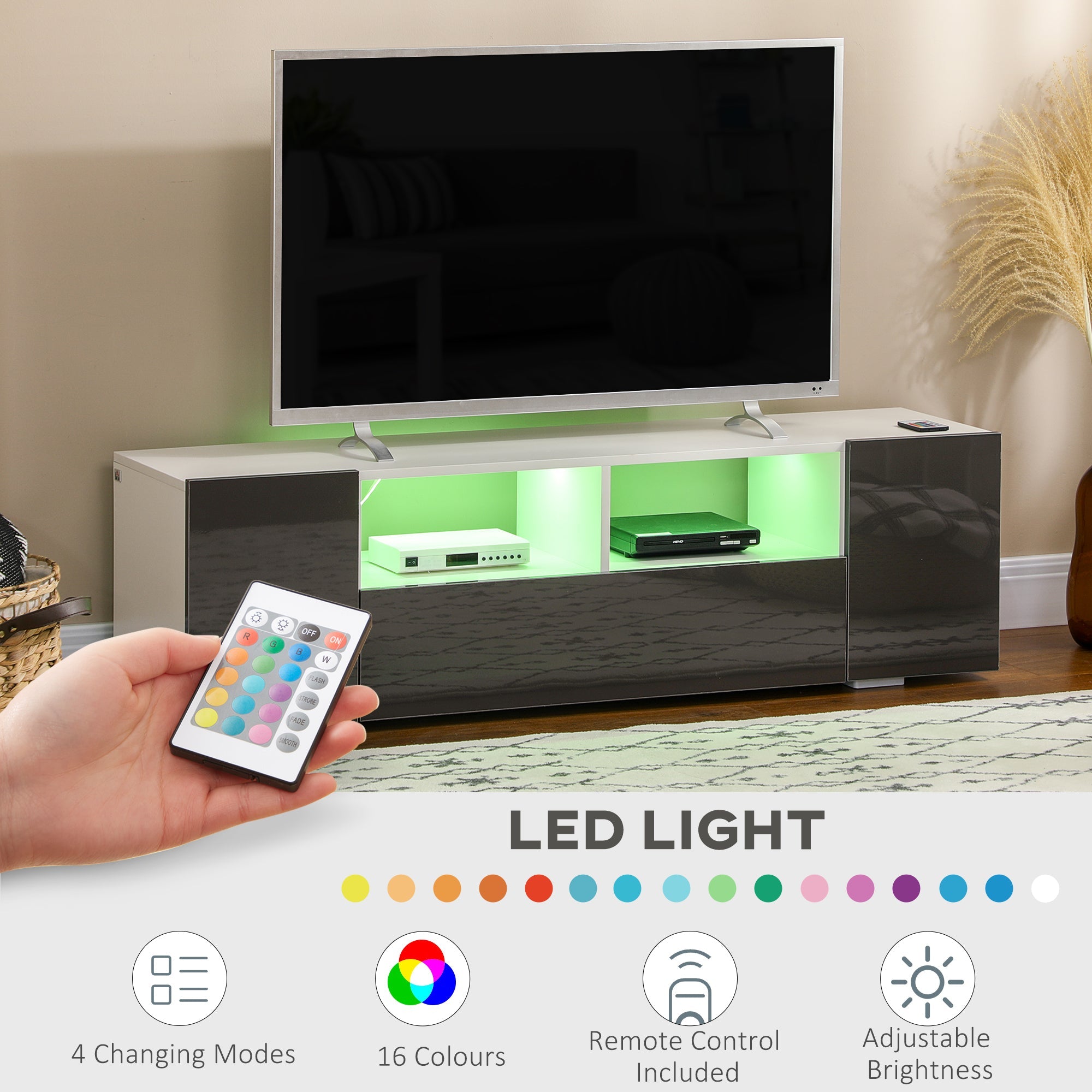 HOMCOM TV Unit for 60 Inch TVs LED Lights Storage Shelves Modern Grey Spacious Living Room Furniture 