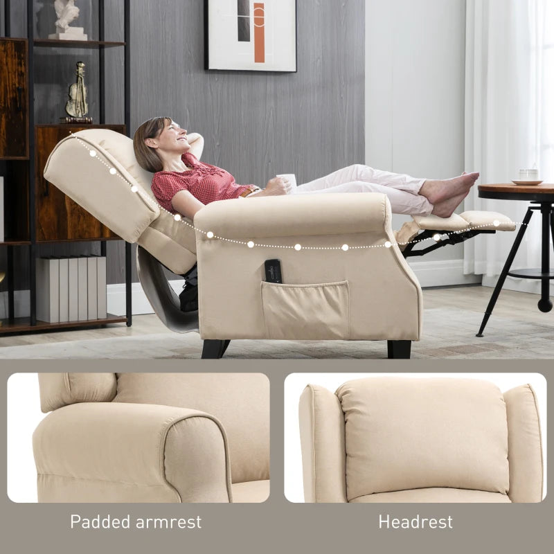Massage Recliner Chair for Living Room, Push Back Recliner Sofa, Suede Wingback Reclining Chair with Extendable Footrest, Wood Legs, Remote Control, Side Pockets, Beige