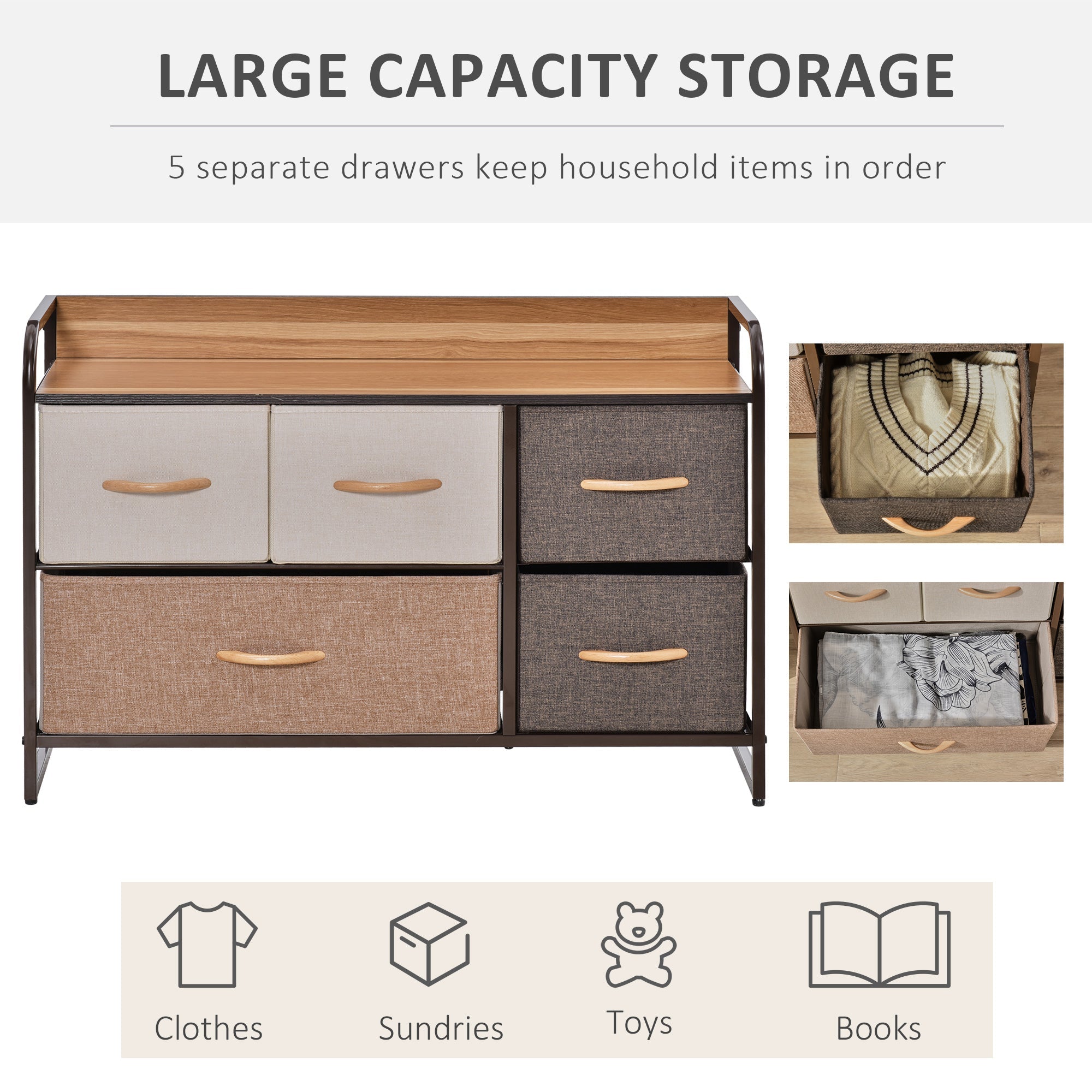 HOMCOM 5-Bin Dresser Storage Tower Cabinet Organizer Unit Easy Pull Fabric Bins Metal Frame Bedroom 