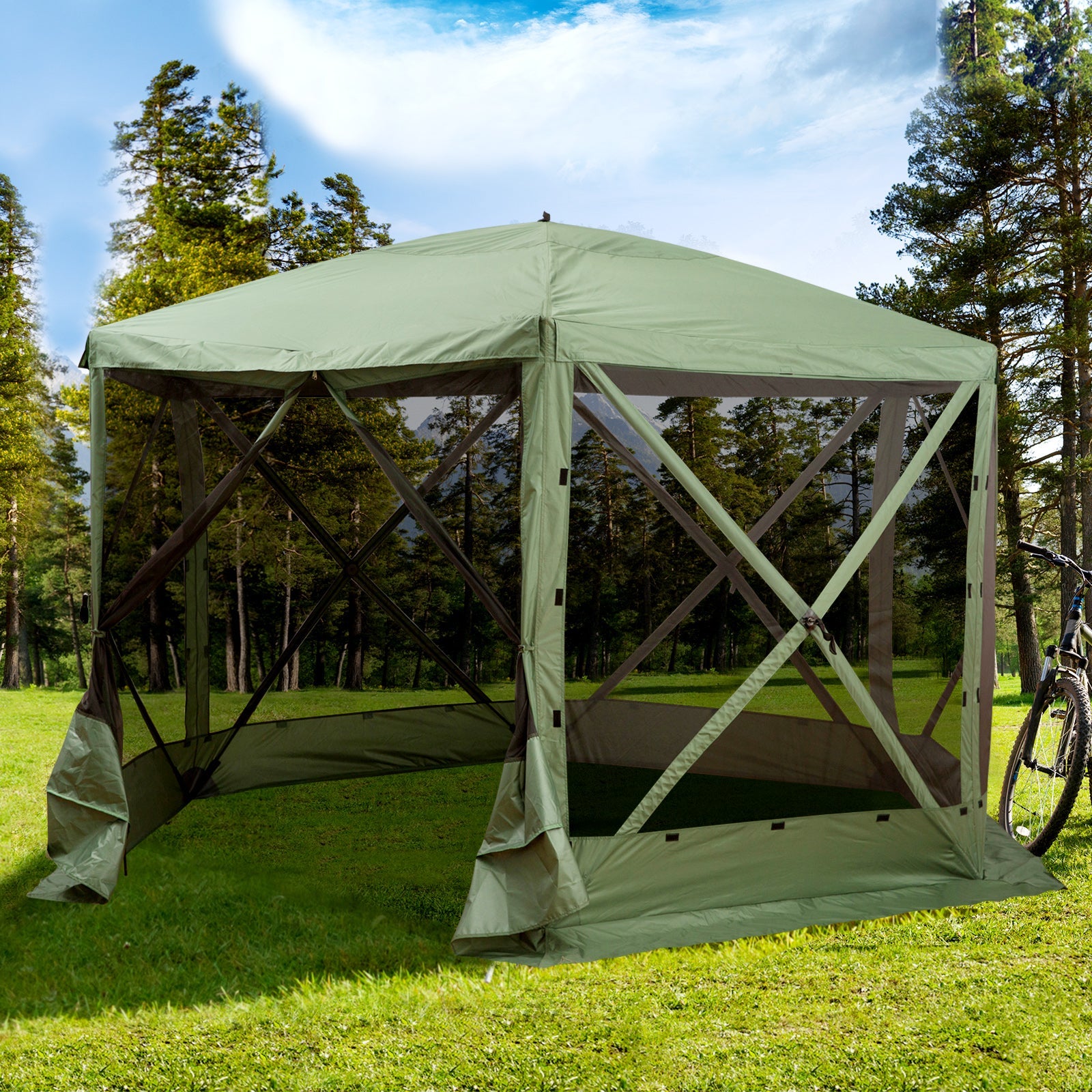Outsunny 12x12 Pop Up Canopy Tent, Screened Gazebo with Mesh Sidewalls, Carry Bag for Camping & Outdoor Dining, Green 