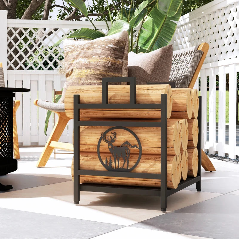 Decorative Firewood Rack Outdoor Indoor Steel Wood Storage Log Holder with Side Handles, 19.7" x 13.4" x 17.7", Black
