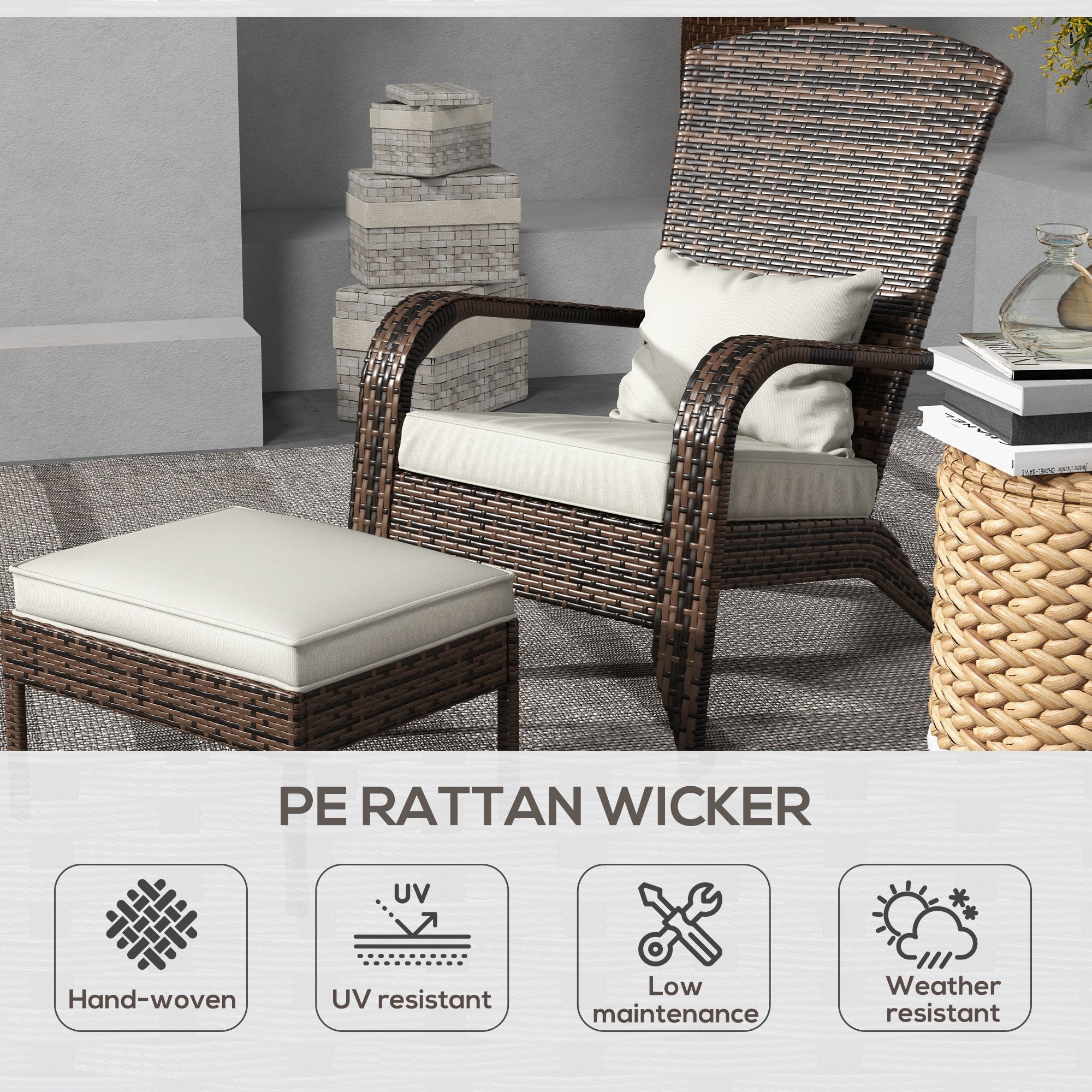 Outsunny Wicker Adirondack Chair with Ottoman, Patio Cushioned Muskoka Chair with Armrests Brown/Cream White 