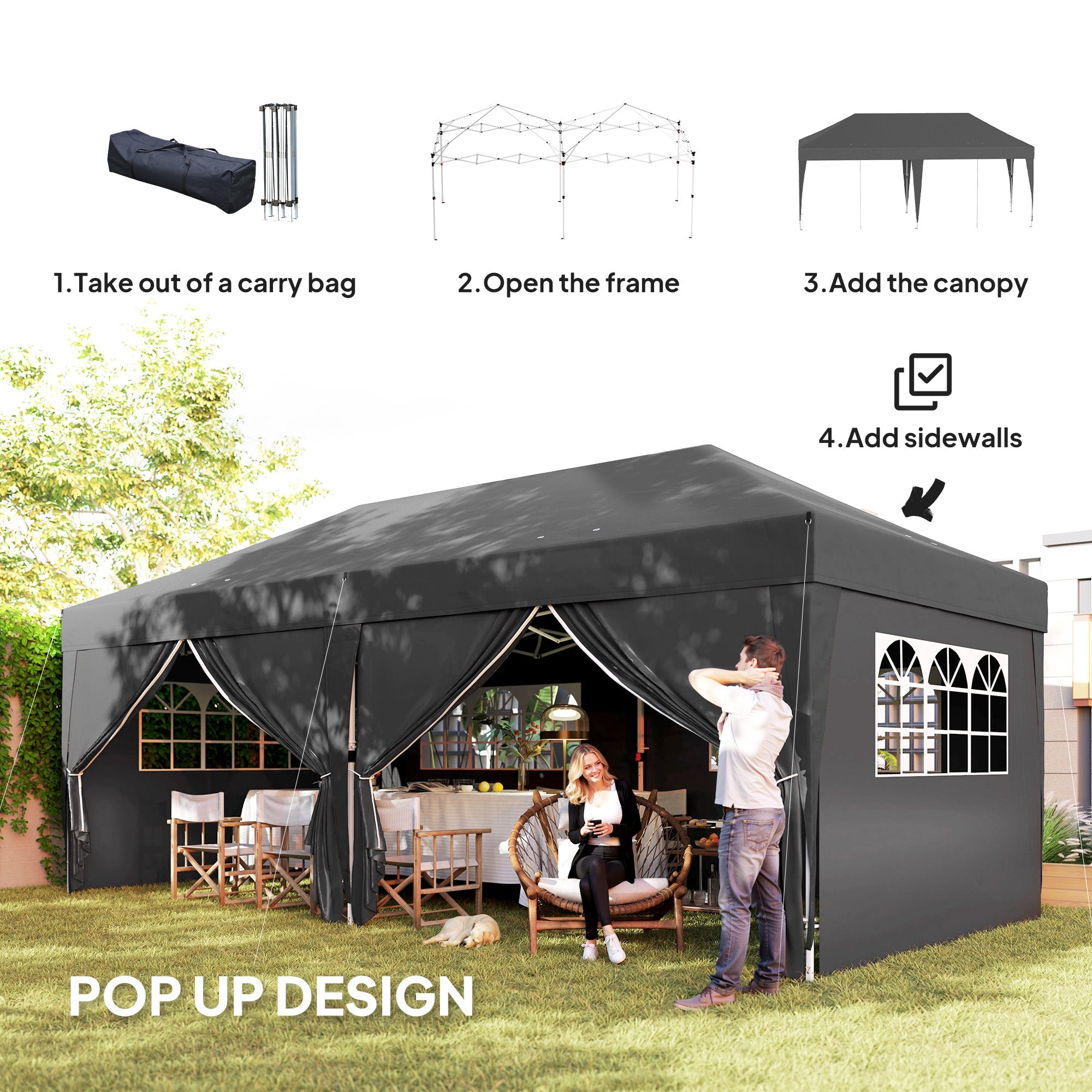 Outsunny 10' x 20' Pop Up Canopy Tent Outdoor Portable Easy Up Party Tent Garden Shade Shelter with Walls Carrying Bag, Black 
