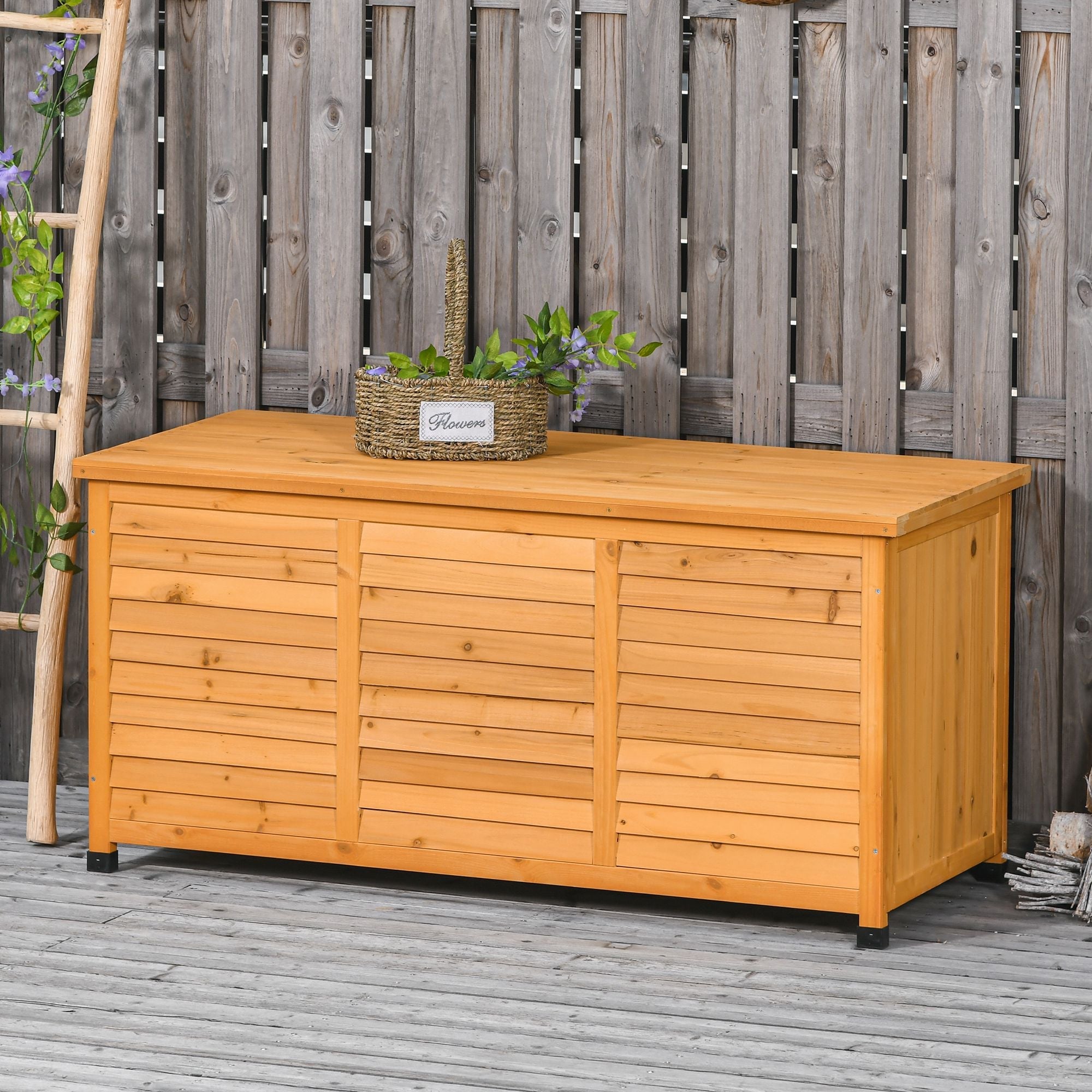 Outsunny 75 Gallon Wooden Deck Box, Outdoor Storage Container with Aerating Gap & Weather-Fighting Finish, Yellow 