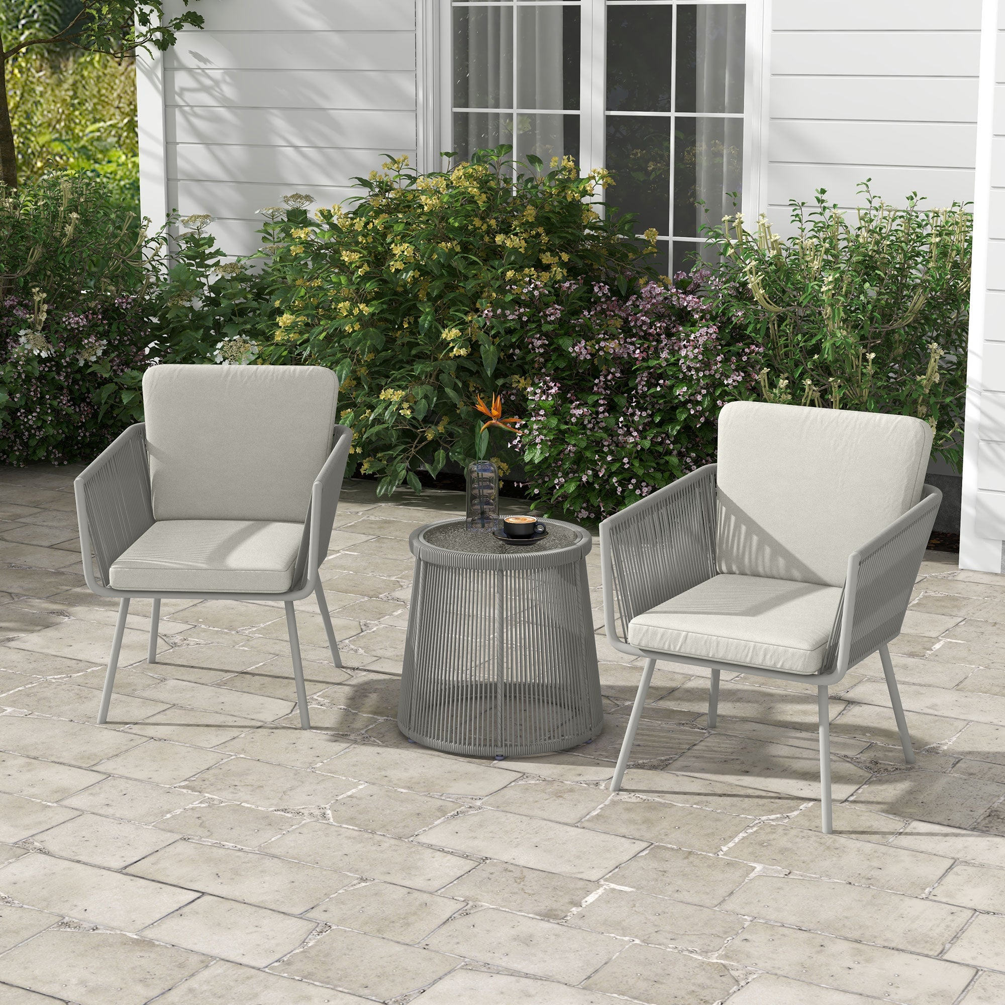 Outsunny 3 Piece Outdoor Patio Bistro Set, Wicker Rattan Furniture with Metal Legs for Garden, Backyard, Light Grey 