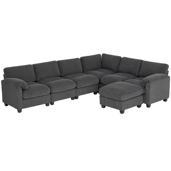 Modular U-Shaped Sectional Sofa – Charcoal Grey Corduroy Couch with Spring Cushions, Reconfigurable Design