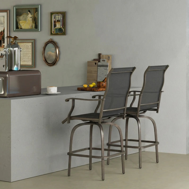 Outdoor Bar Stools Set of 2, Swivel Bar Height Chairs with High Back, Curved Armrests and Steel Frame, Light Grey