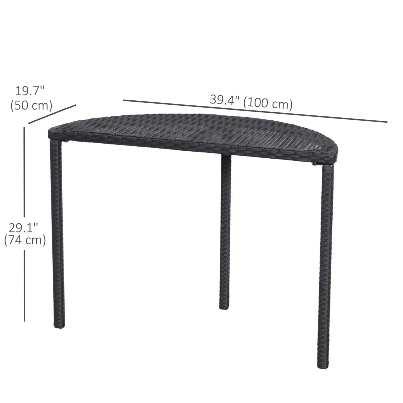 Half Round Side Table, PE Rattan Coffee Table with Metal Frame for Patio, Garden, Balcony, Black