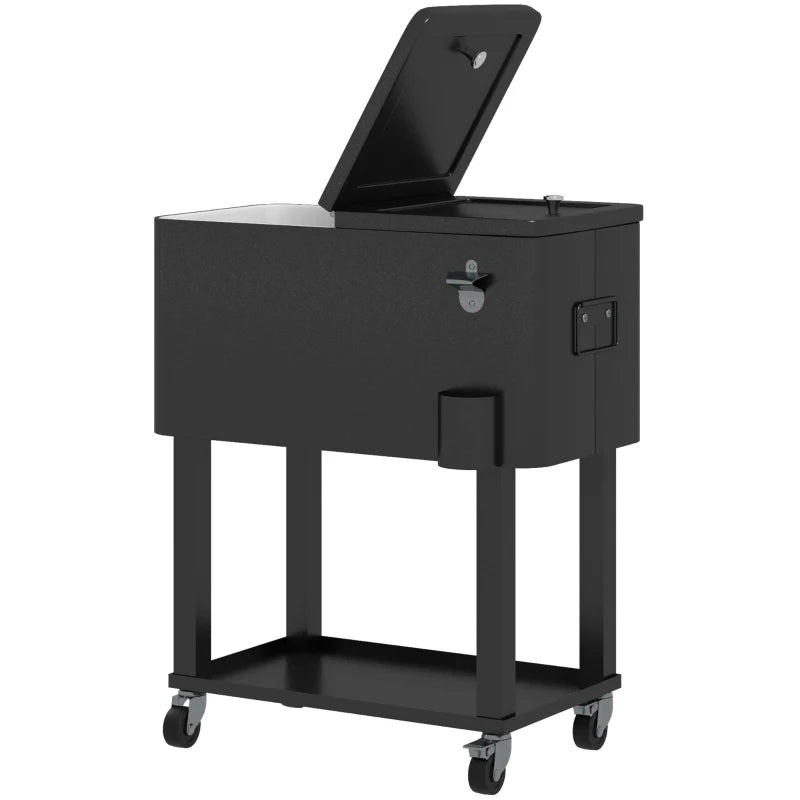 60 Quart Rolling Outdoor Cooler, Portable Rolling Patio Cooler Cart with Locking Wheels, Storage Shelf, Black
