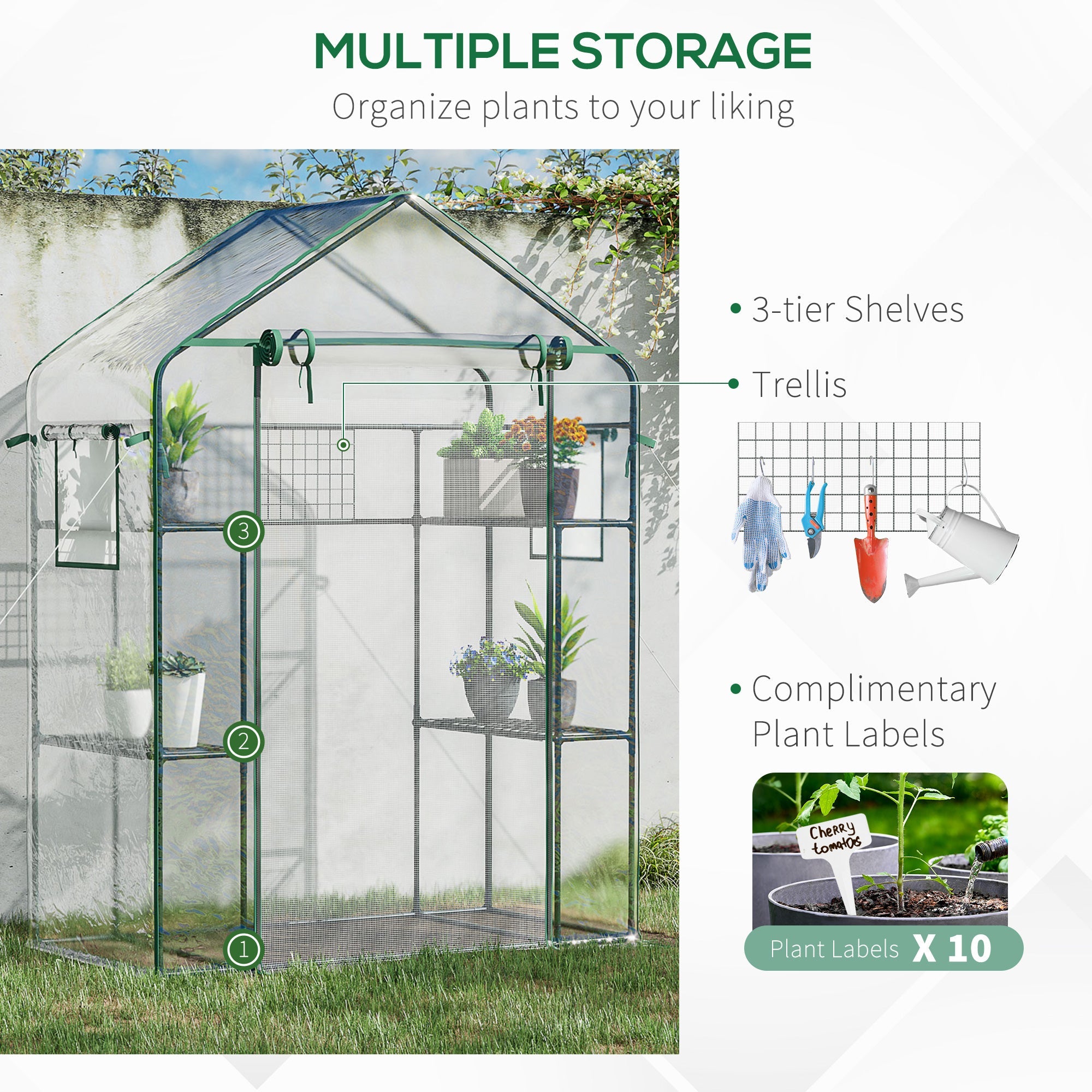 Outsunny 3-Tier Mini Greenhouse, Walk-in Greenhouse, Garden Hot House with 4 Shelves, Roll-Up Door, Mesh Windows, Trellis and Plant Labels, 56" x 29" x 77", Clear 