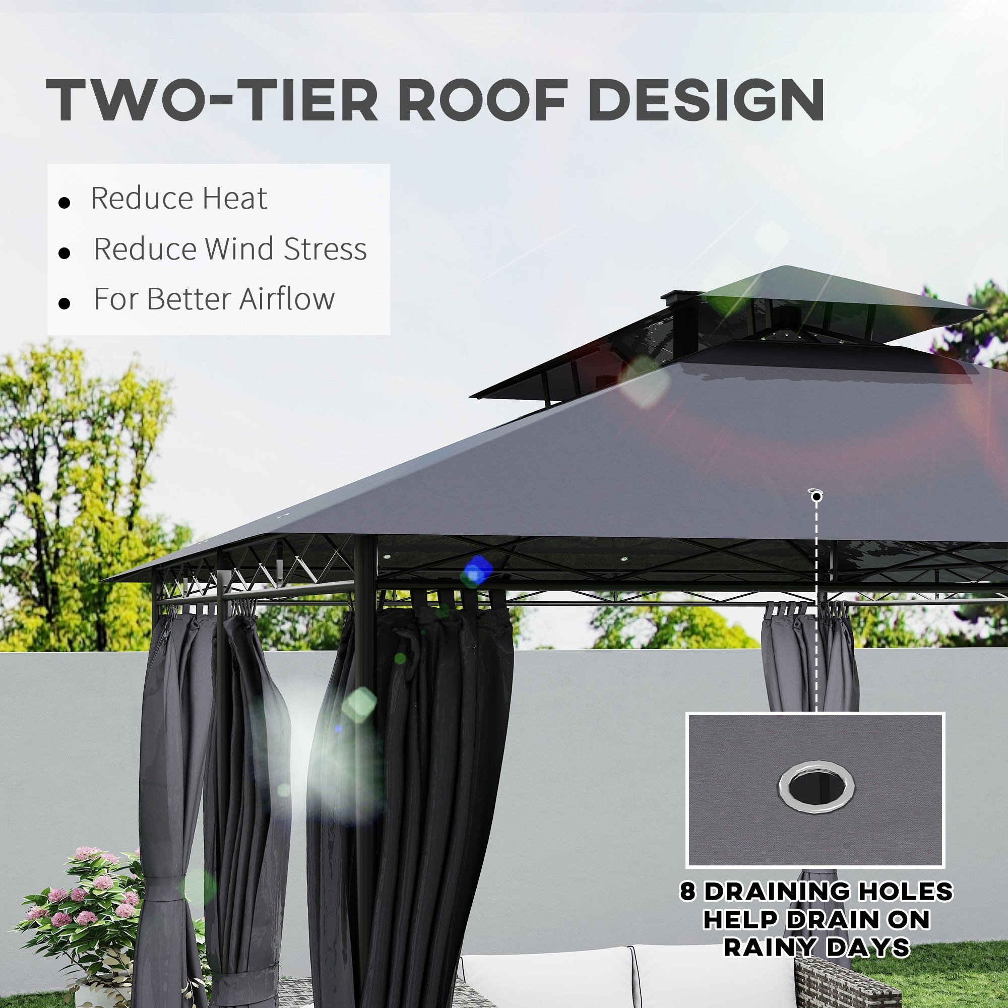 Outsunny 10' x 13' Outdoor Gazebo with Curtains and Solar-Powered LED Lights, Double Roof Patio Gazebo Canopy Shelter 
