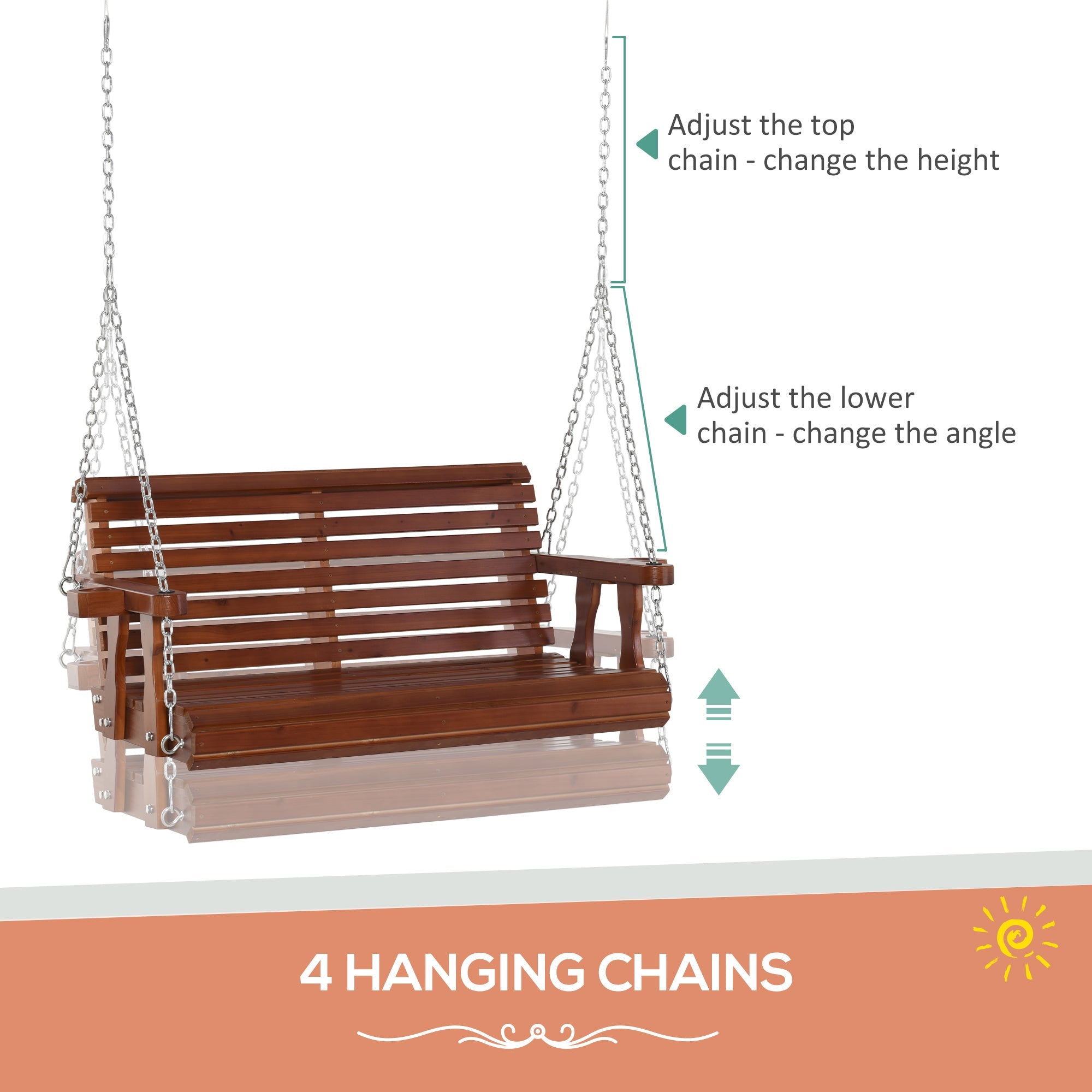 Outsunny Wooden Patio Swing Chair 2 Seater Porch Swing with Cup Holder Chains Outdoor Bench for Garden Yard Brown 