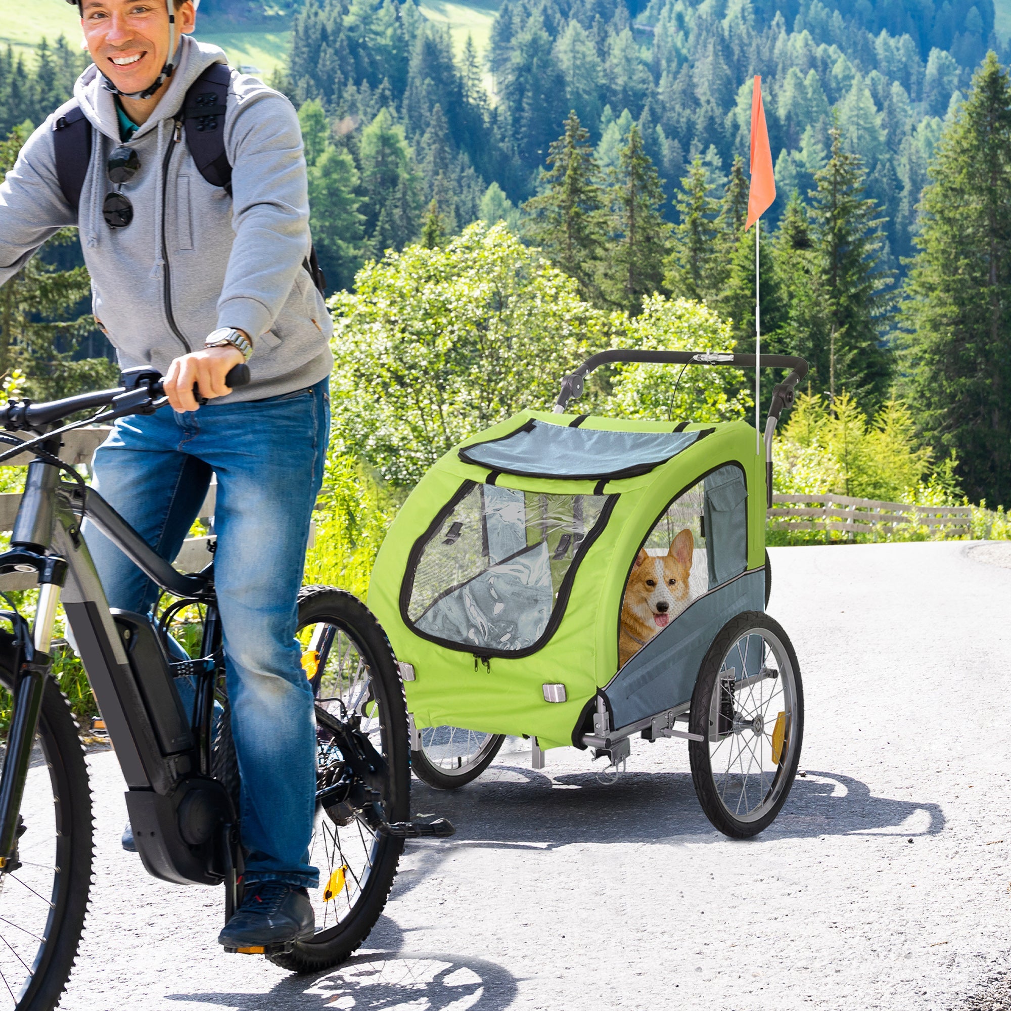 Aosom Dog Bike Trailer 2-In-1 w/ Suspension, Hitch, Storage Pockets, Green 