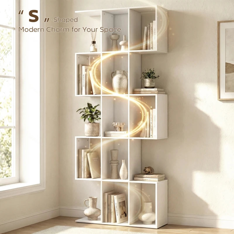 5-Tier Bookshelf, S Shaped Geometric Bookcase with 15 Compartments, White Wood Grain