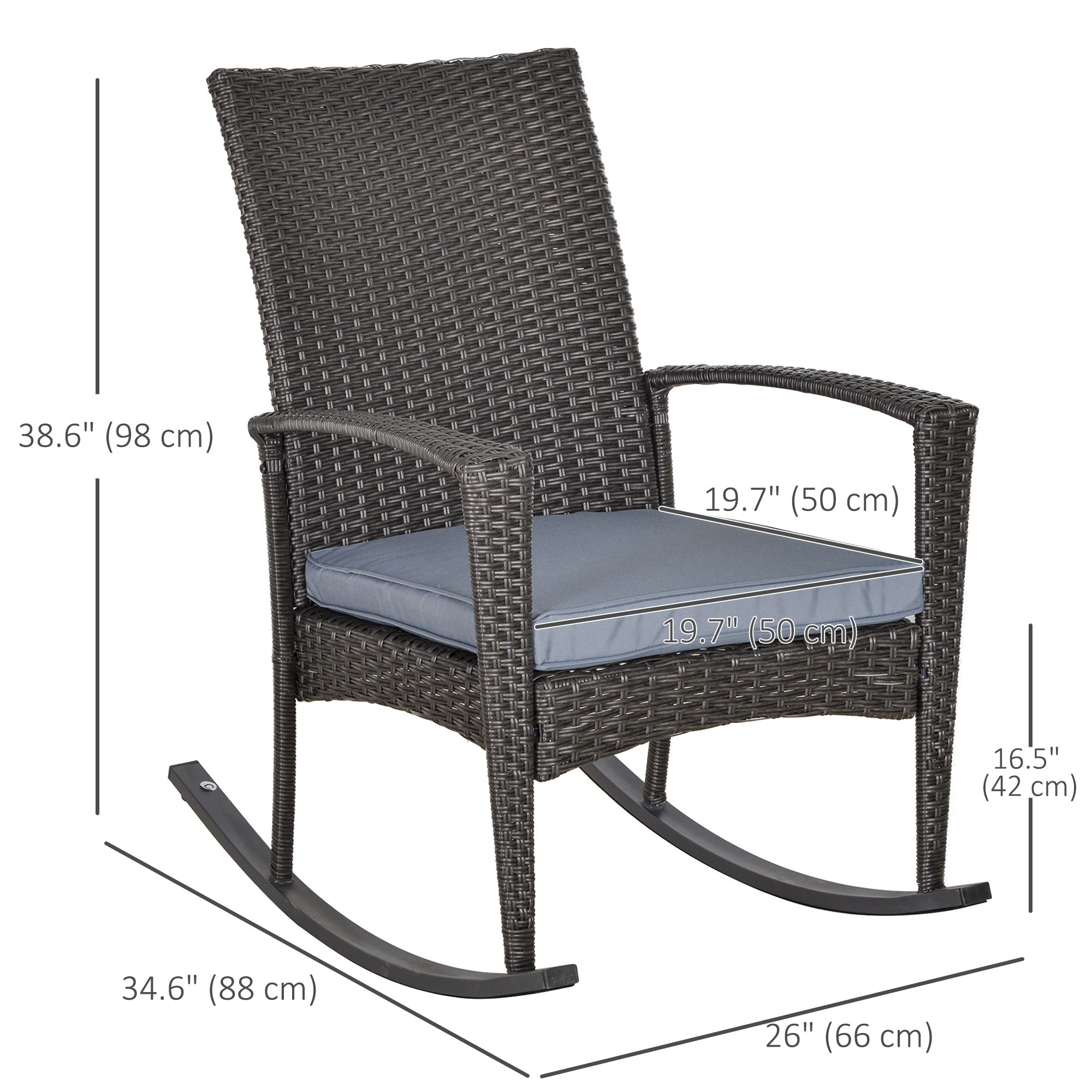 Outsunny Outdoor PE Rattan Rocking Chair, Garden Glider Rocking Chair, Wicker Patio Chair Set with Armrest and Cushion, Grey 
