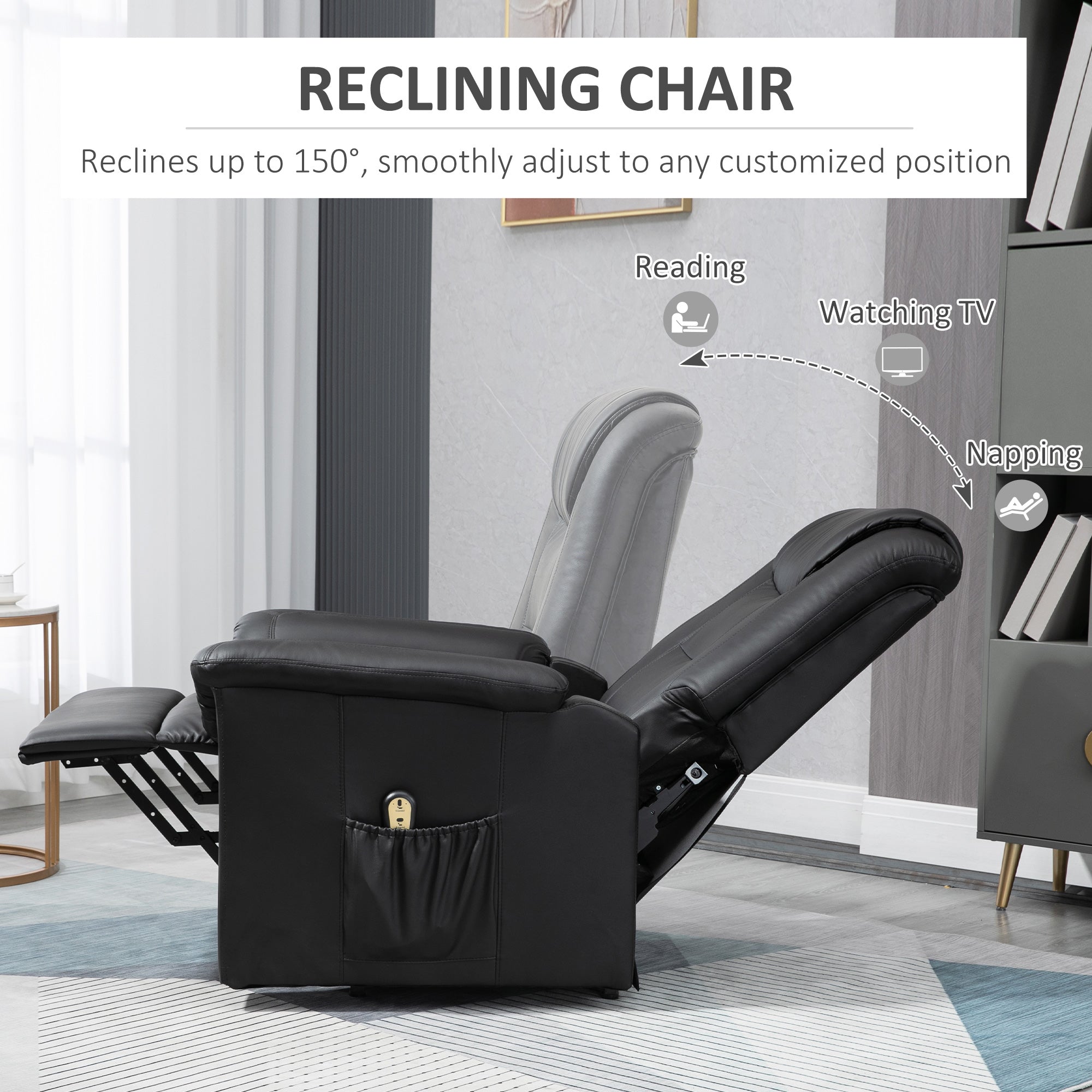 HOMCOM Electric Power Lift Recliner for Seniors PU Leather Sofa with Footrest Remote Black Living Room 
