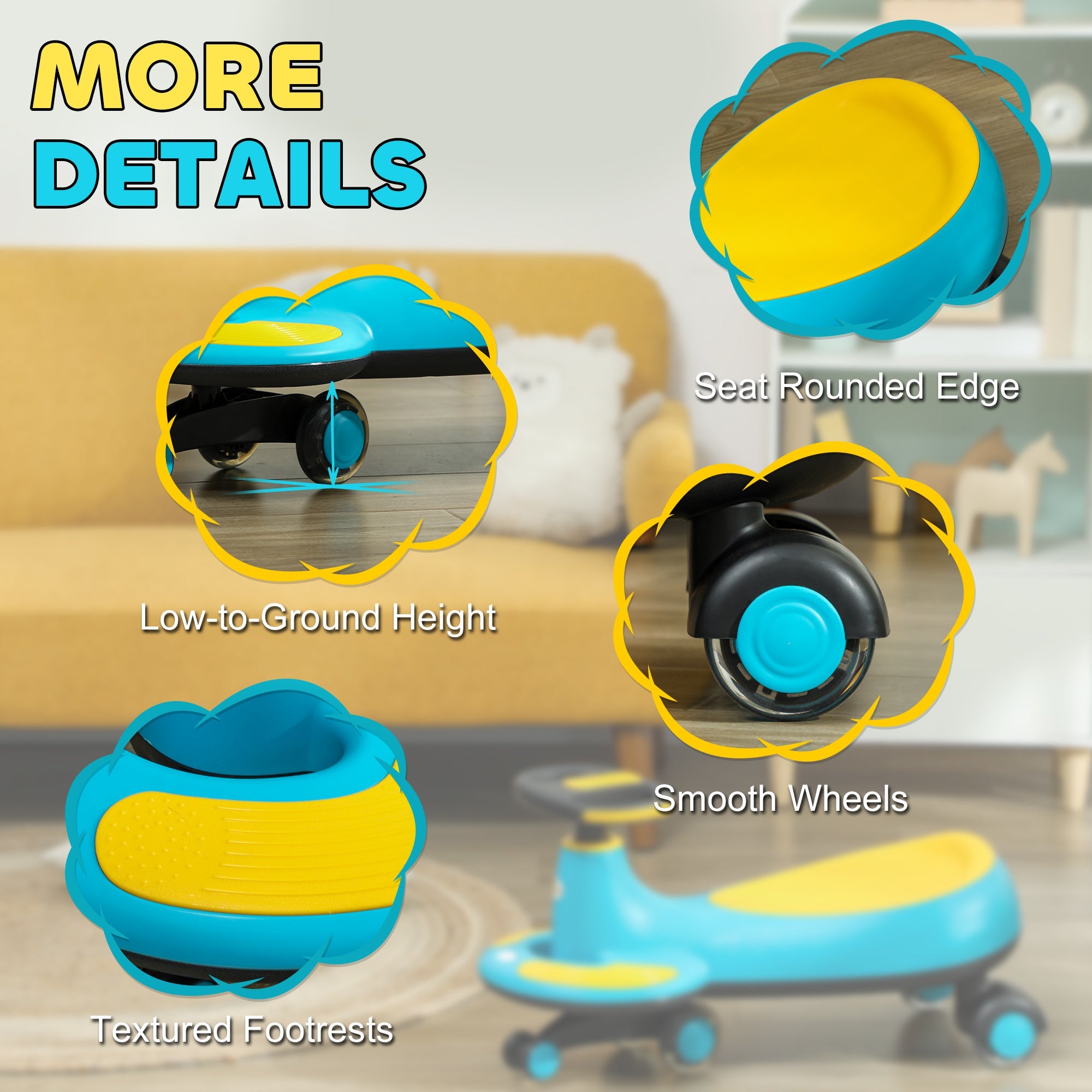 Qaba Kids Wiggle Car w/ Parent Traction Rope, Music, Light, Blue 