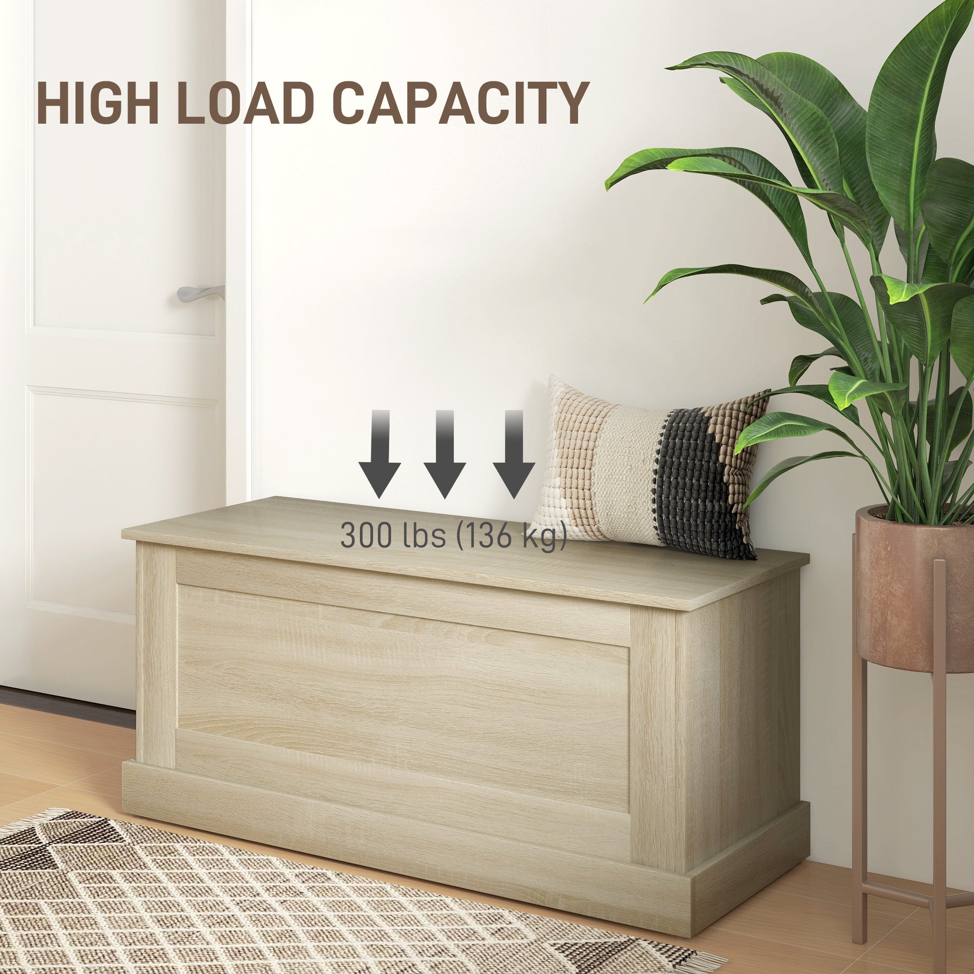 HOMCOM 39.4 Inches Storage Chest, Storage Trunk with Safety Hinge, Wooden Toy Box for Living Room, Natural Wood Grain 