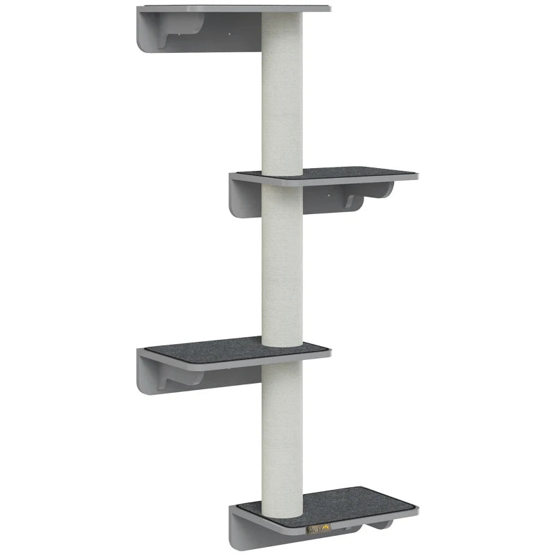 Wall-Mounted Cat Shelf with 4 Platforms and 3 Scratching Posts, Cat Wall Climber for Climbing and Lounging, Light Grey
