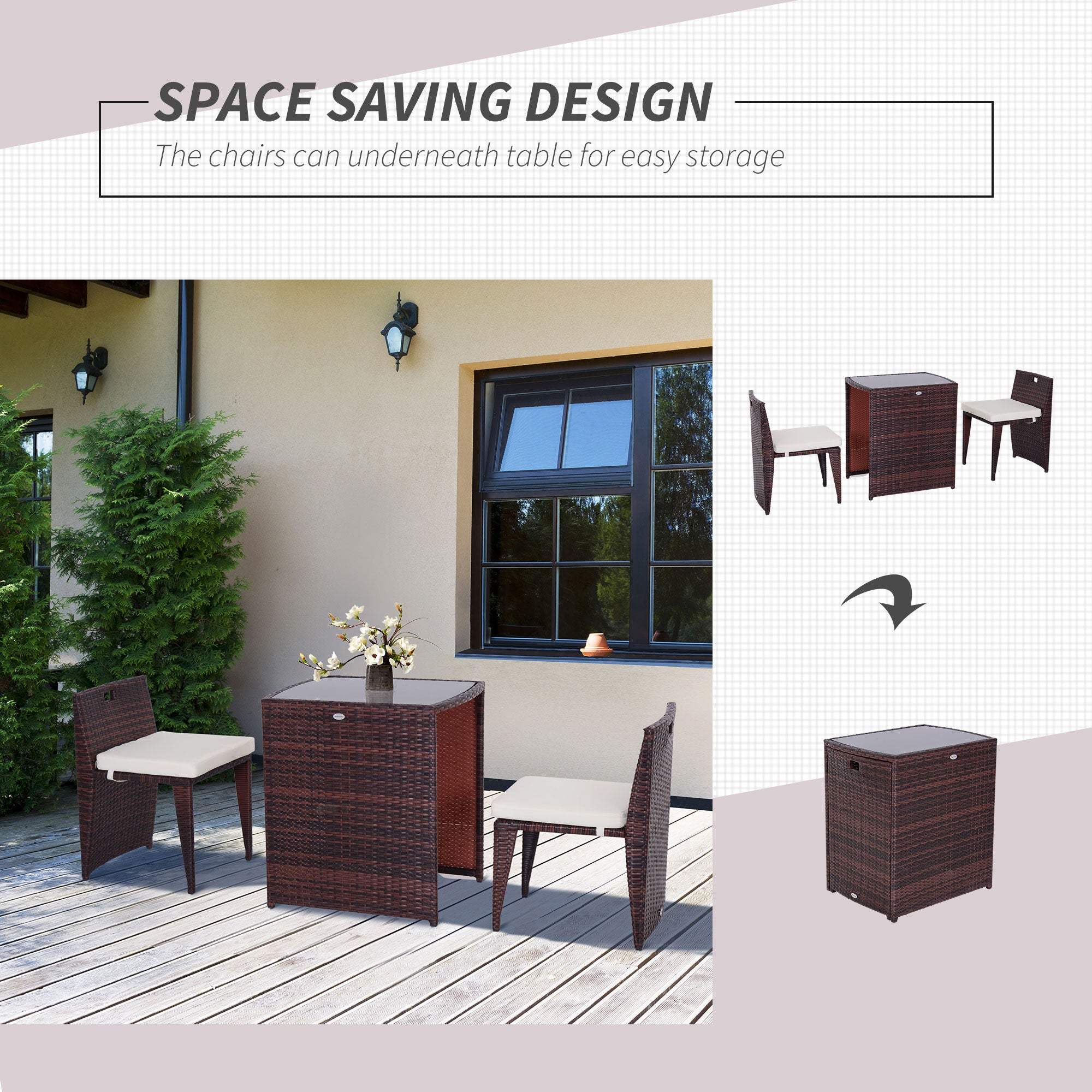 Outsunny 3PCS Outdoor Wicker Rattan Bistro Set Patio Chair Table Garden Lawn Coffee Sofa Furniture Cushioned 