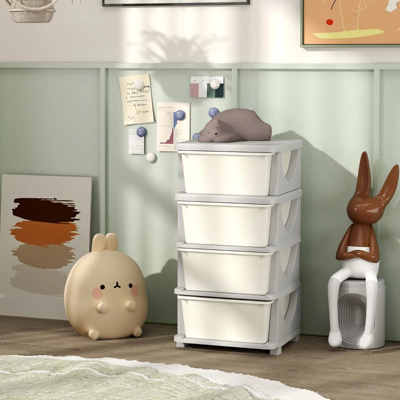 Qaba 4 Tier Kids Toy Organizer and Storage Bins with 4 Plastic Drawers, Cream White