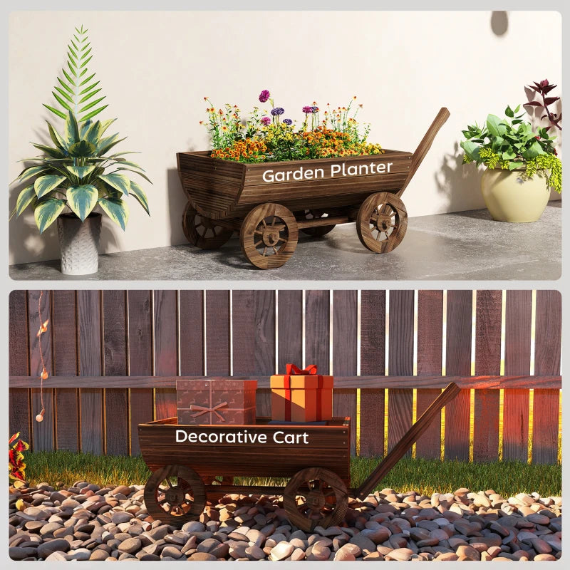 Wooden Wagon Planter Box, Mobile Garden Planter with 4 Wheels, Small Wheelbarrow Wagon Flower Cart with Drainage Holes