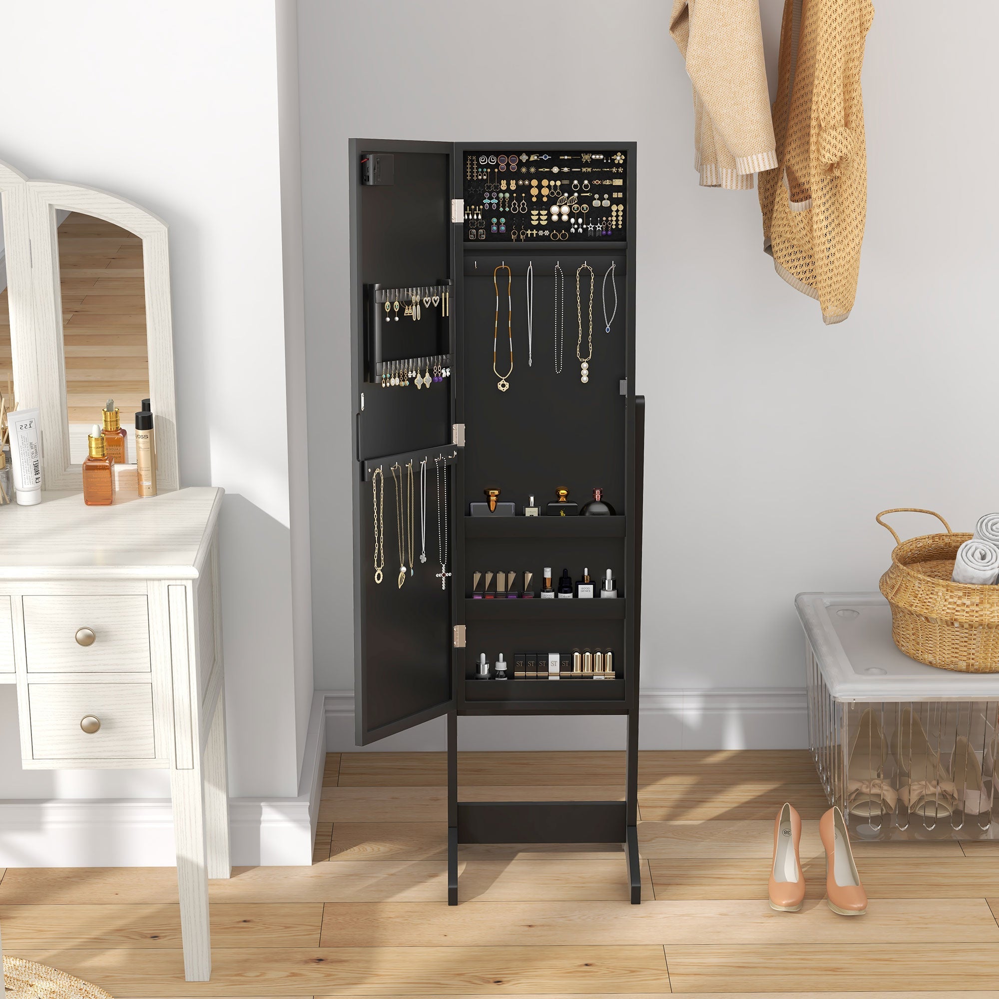 HOMCOM Freestanding Armoire Jewelry Cabinet Lighted Mirror Angle Adjustable 16 LED Lights Black 