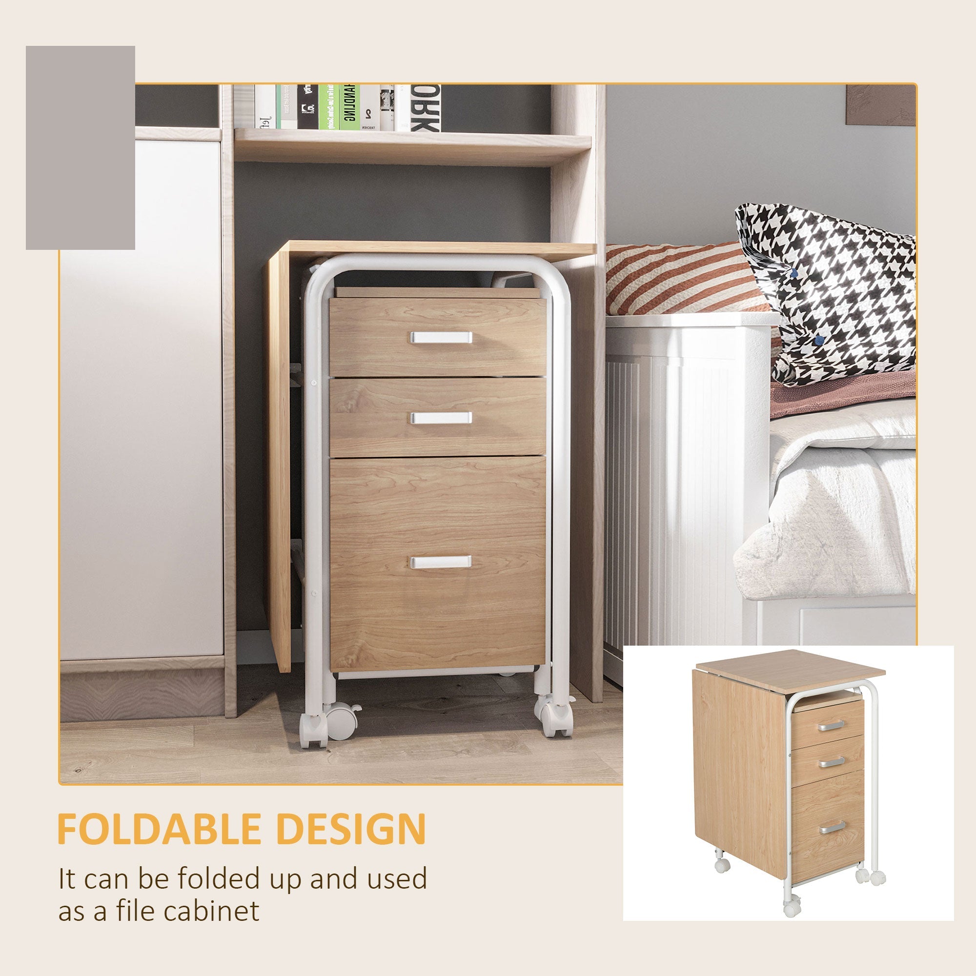 HOMCOM Foldable Desk: Drawers, Storage Shelf, Home Office Workstation, 6 Wheels, Space Saving 