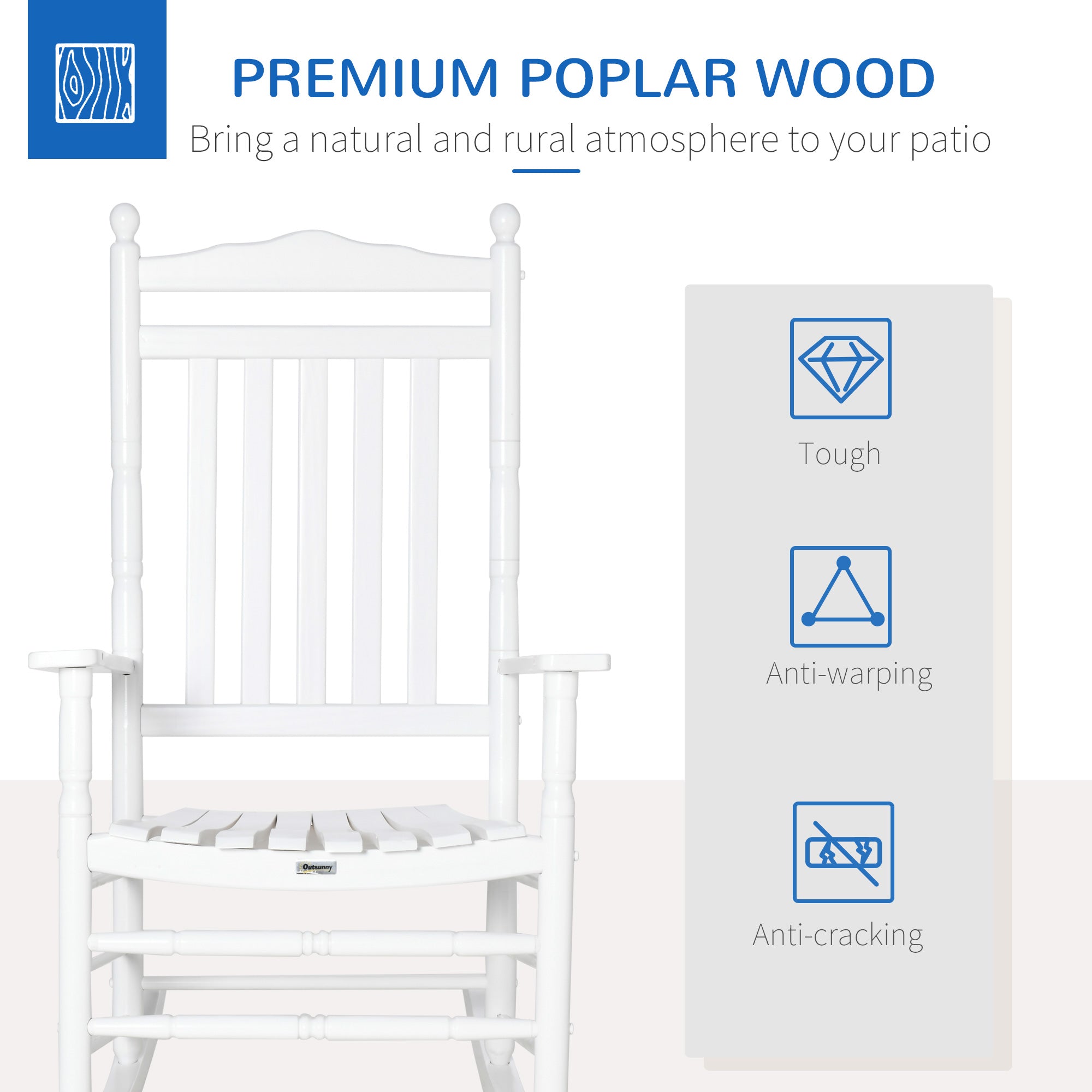 Outsunny Wooden Outdoor Rocking Chair, Patio Rocking Chair with Slatted High Back and Armrests for Porch, Garden, Lawn, White 