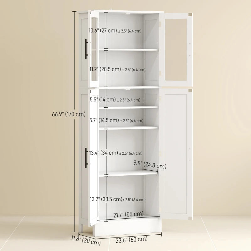Tall Bathroom Cabinet with Glass Doors, Space-Saving Unit with Adjustable Shelves, Freestanding Storage, White